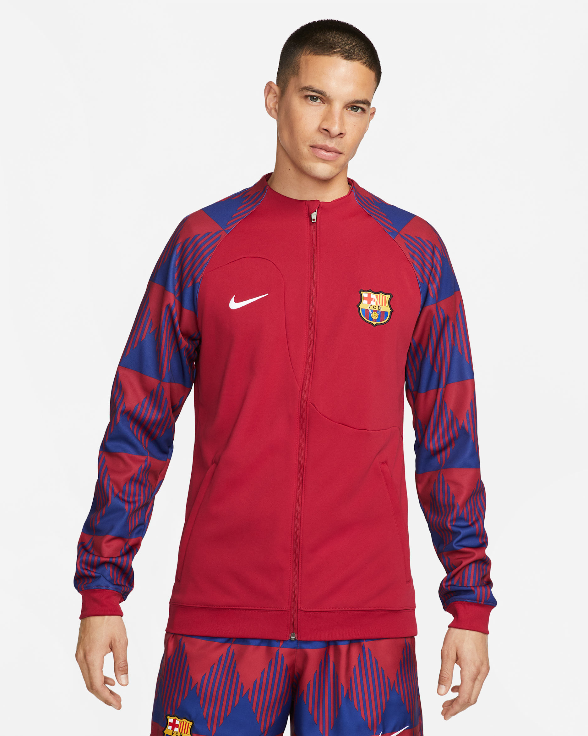 F.C. Barcelona Academy Pro Men's Nike Full-Zip Knit Football Jacket - Noble Red/Deep Royal Blue/White