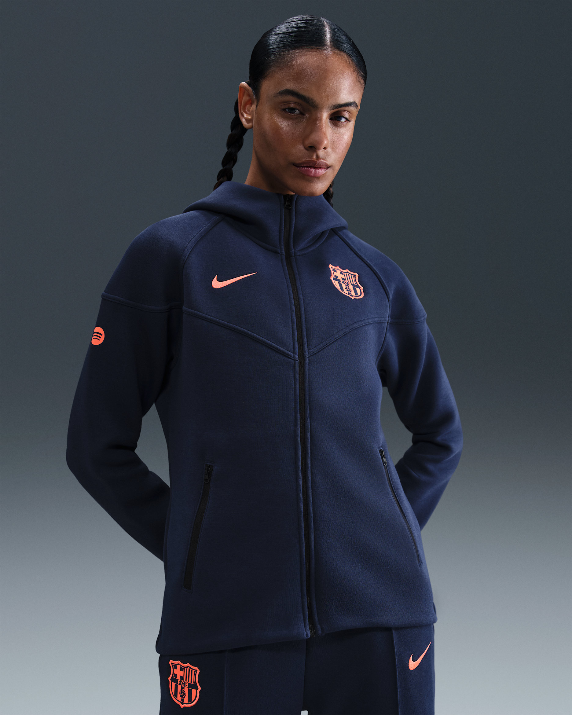 F.C. Barcelona Tech Windrunner Third Women's Nike Total 90 Football Fleece Full-Zip Hoodie - Midnight Navy/Bright Mango
