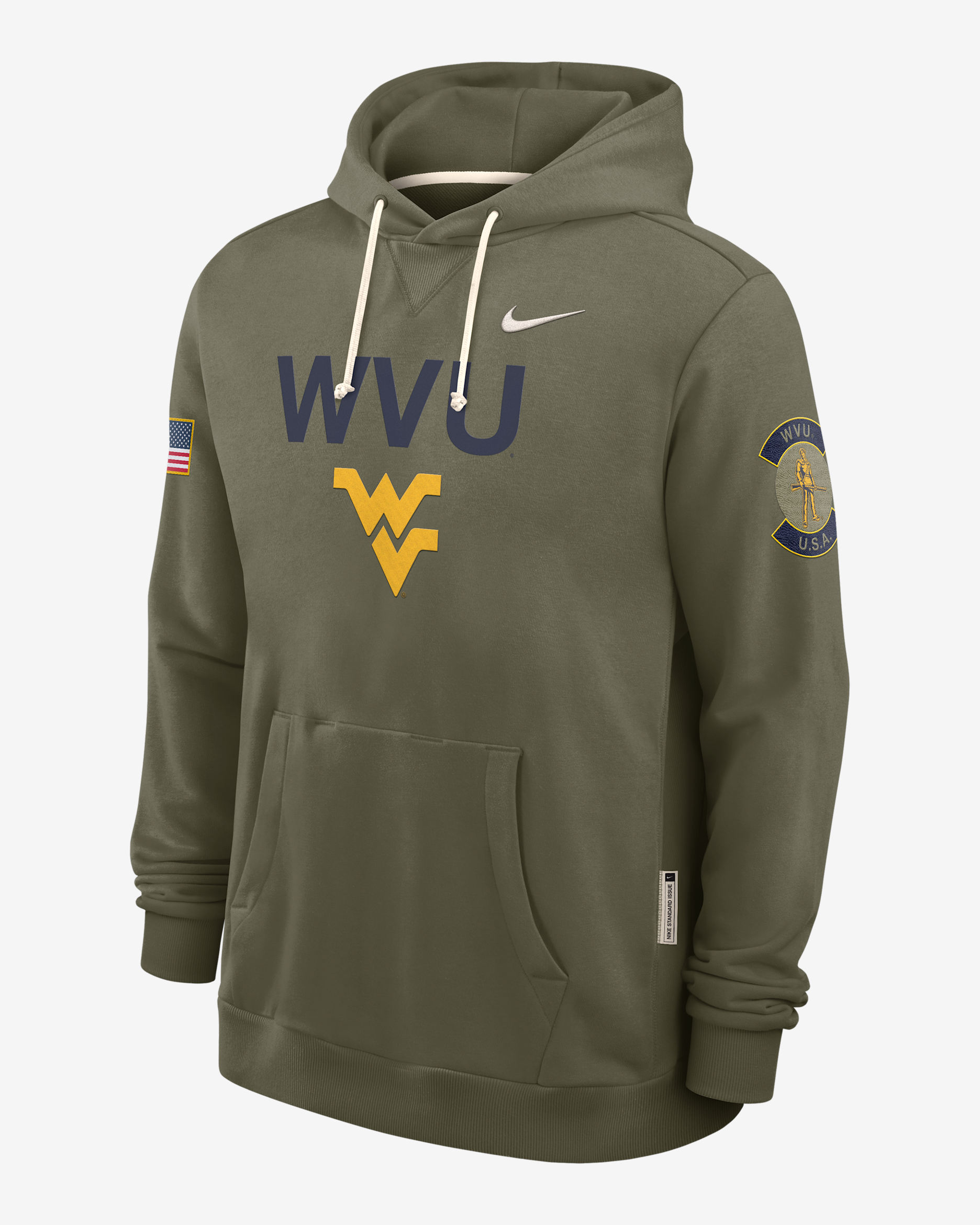 West Virginia 2025 Military Appreciation Men's Nike Dri-FIT College Pullover Hoodie - Olive
