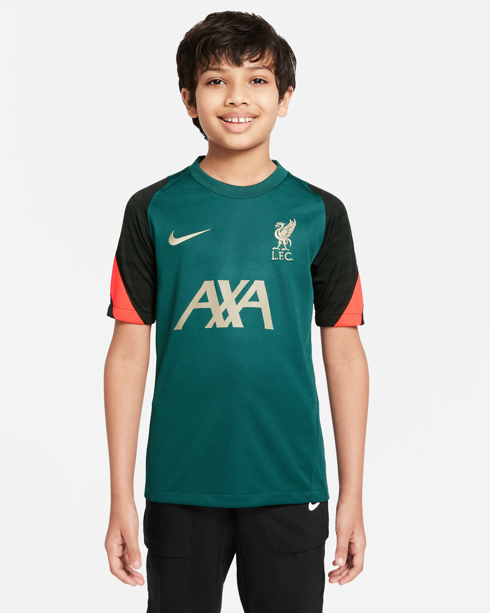 Liverpool F.C. Strike Older Kids' Short-Sleeve Football Top - Dark Atomic Teal/Bright Crimson/Mystic Stone
