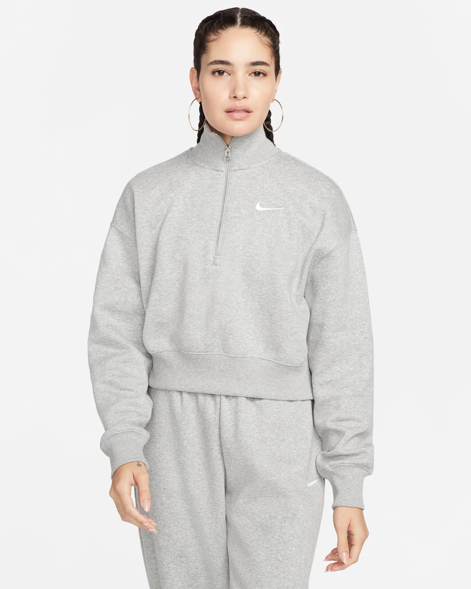 Nike Sportswear Phoenix Fleece kort sweatshirt med glidelås i halsen til dame - Dark Grey Heather/Sail