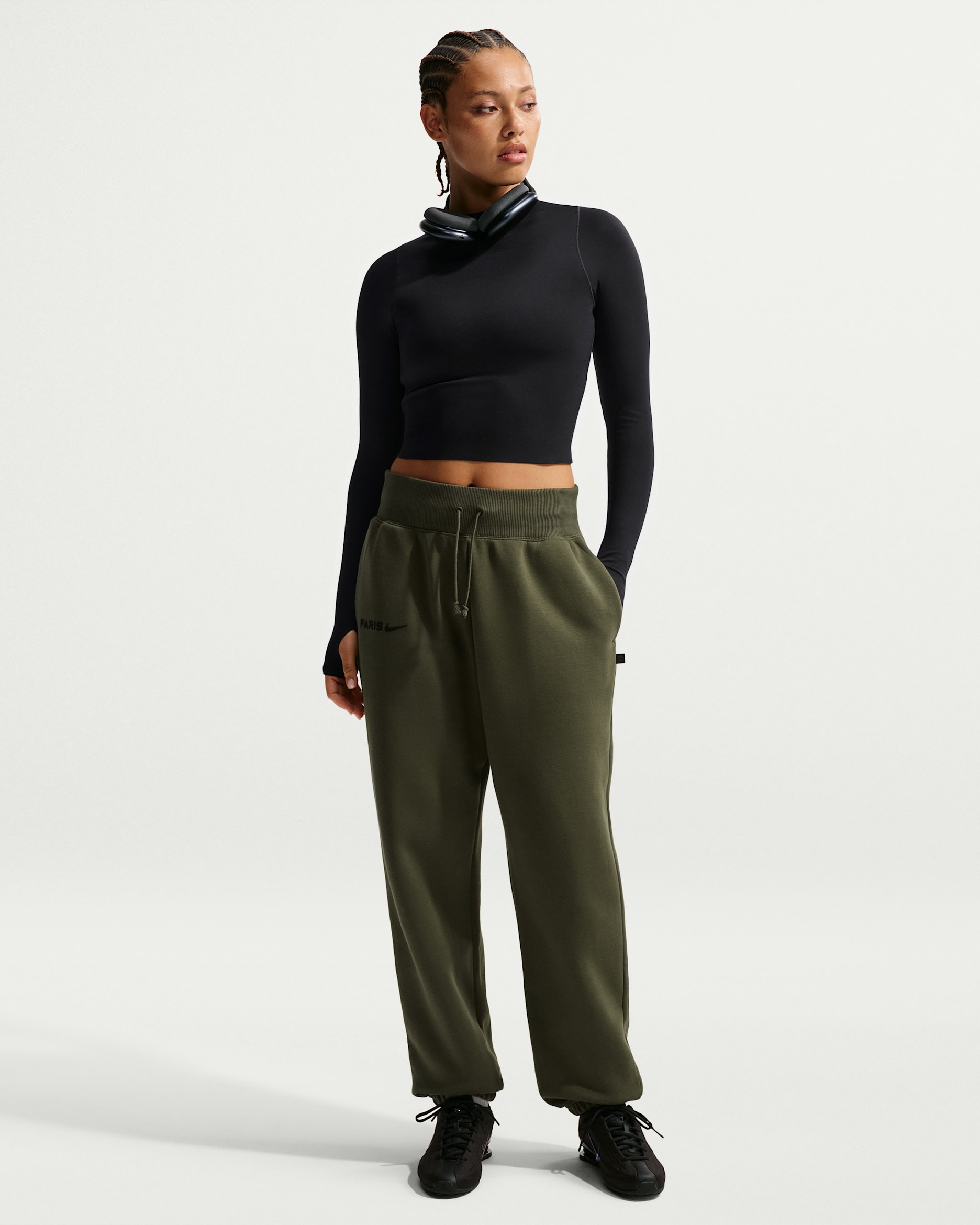 Paris Saint-Germain Phoenix Fleece Nike Yüksek Belli Oversize Kesimli Kadın Futbol Eşofman Altı - Cargo Khaki/Siyah