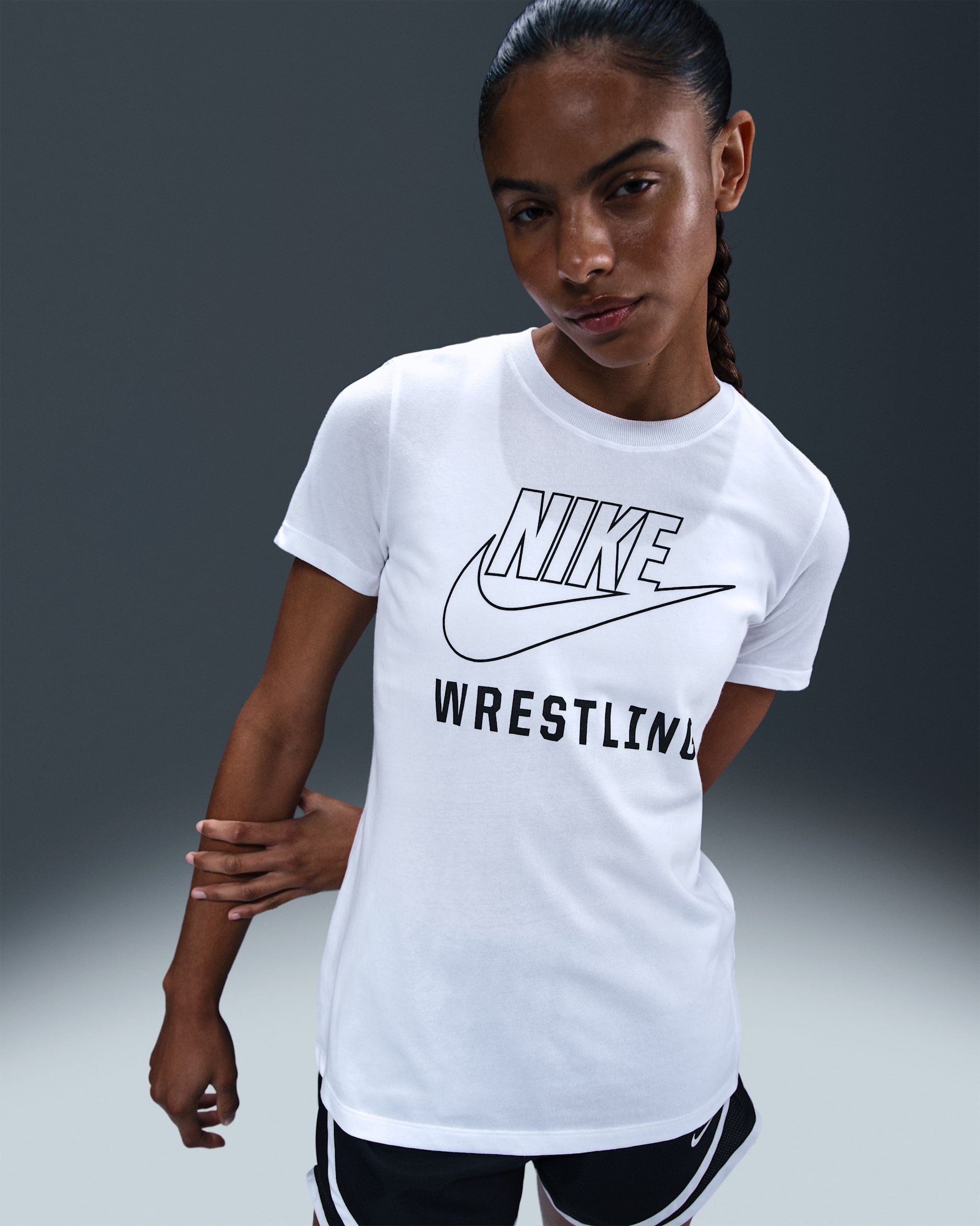 Playera de lucha para mujer Nike Swoosh - Blanco