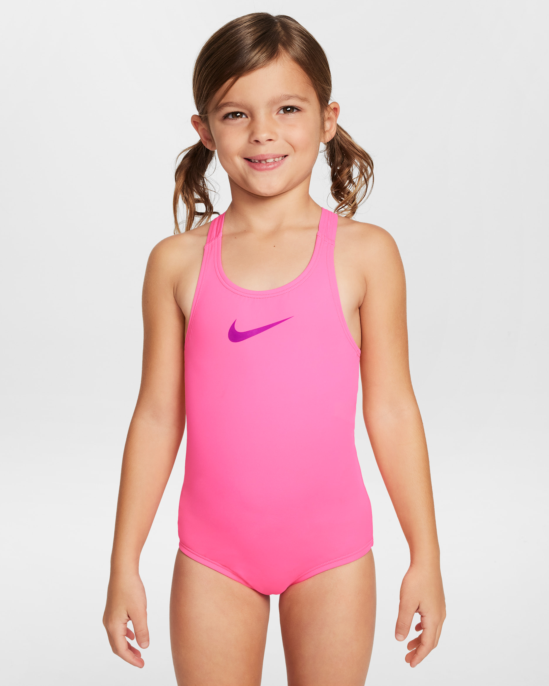 Traje de baño de una sola pieza con espalda deportiva para niña talla grande Nike Essential - Hiperrosa/Morado vivo