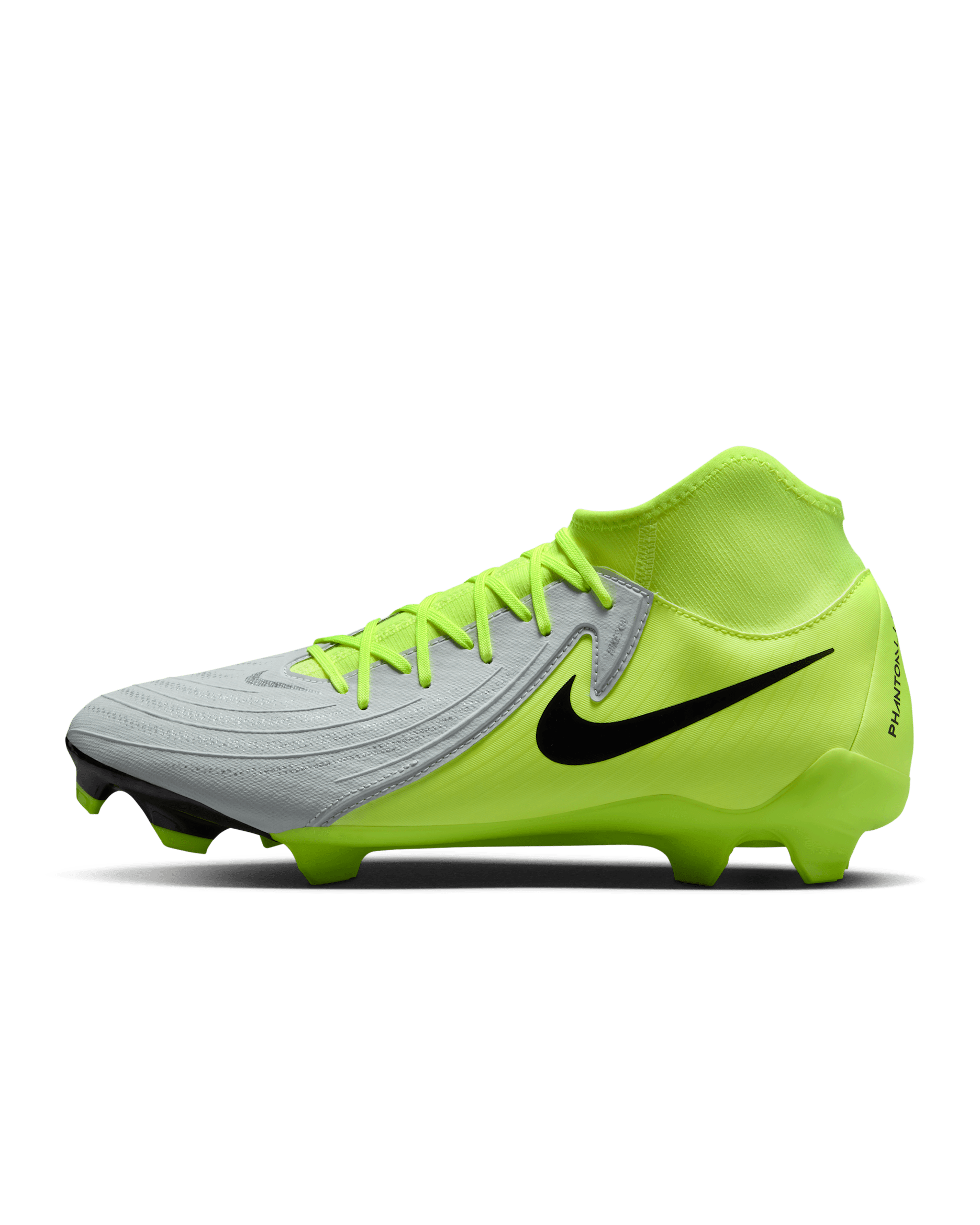 Tacos de fútbol para terrenos múltiples de corte high Nike Phantom Luna 2 Academy - Plata metalizado/Volt/Negro