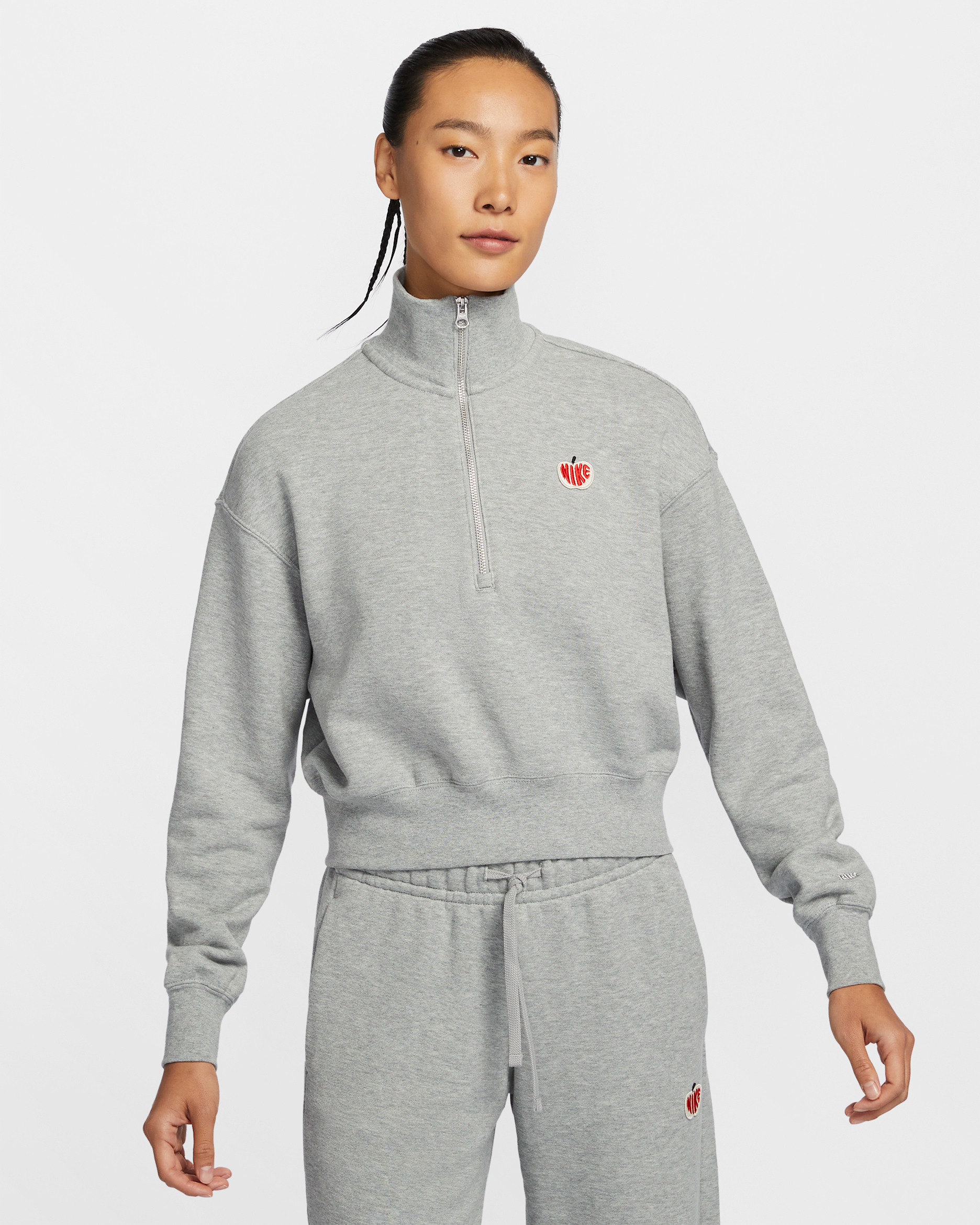 ナイキ スポーツウェア フェニックス フリース ウィメンズ 1/2ジップ クロップド スウェットシャツ - ダークグレーヘザー