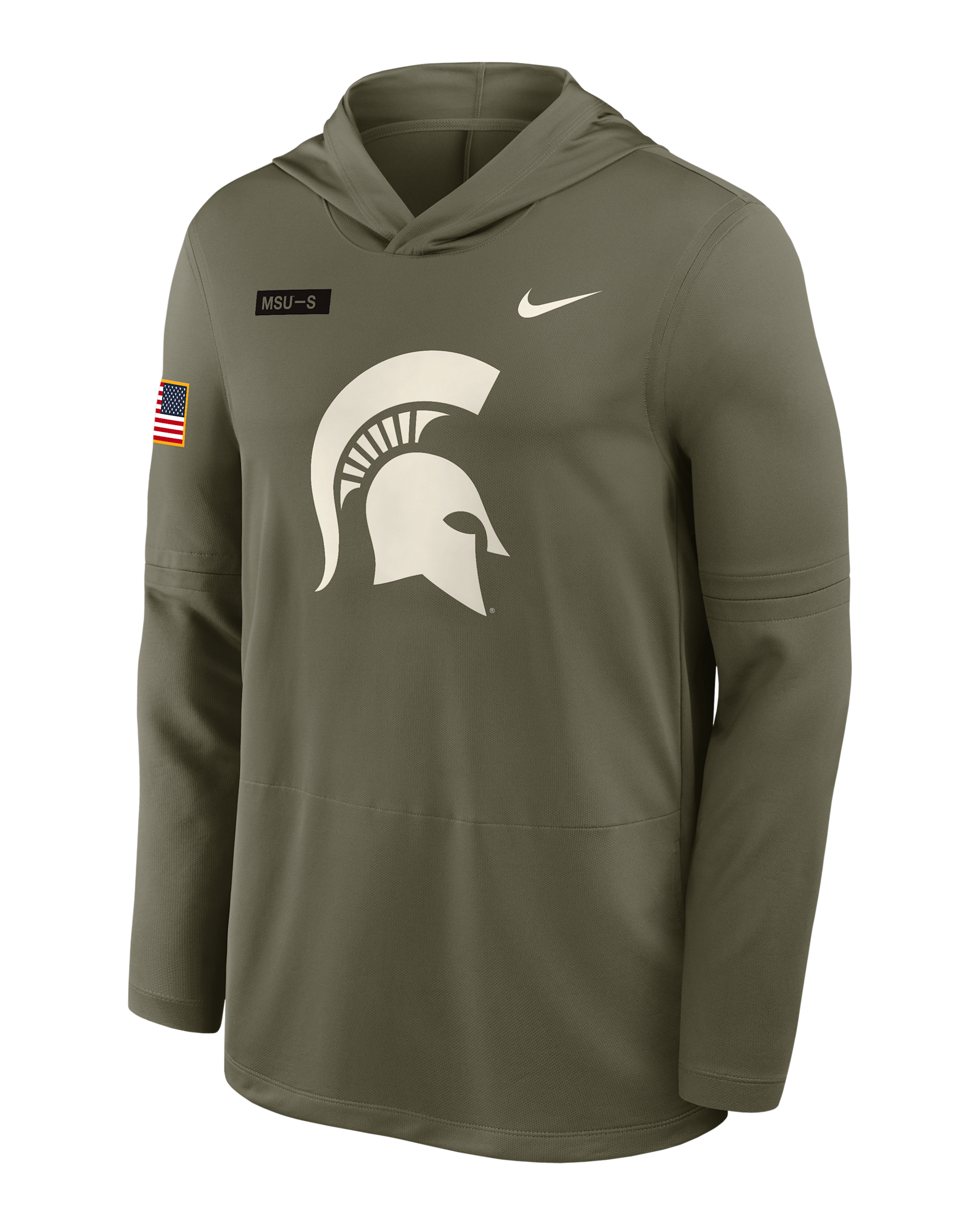 Playera de manga larga universitaria Nike Dri-FIT con gorro para hombre Michigan State 2025 Military Appreciation - Oliva