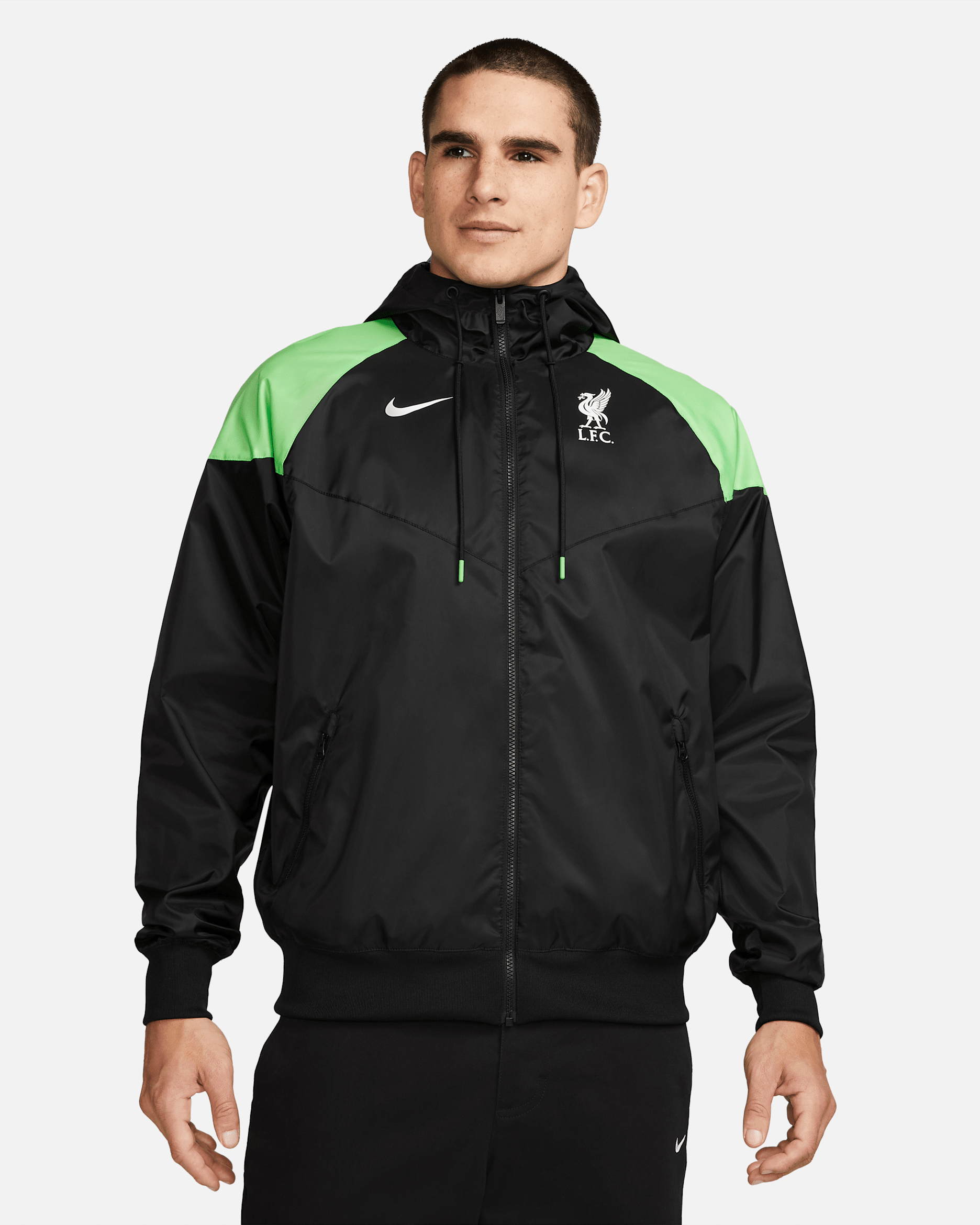 Liverpool F.C. Sport Essentials Windrunner Men's Nike Hooded Football Jacket - Black/Poison Green/White