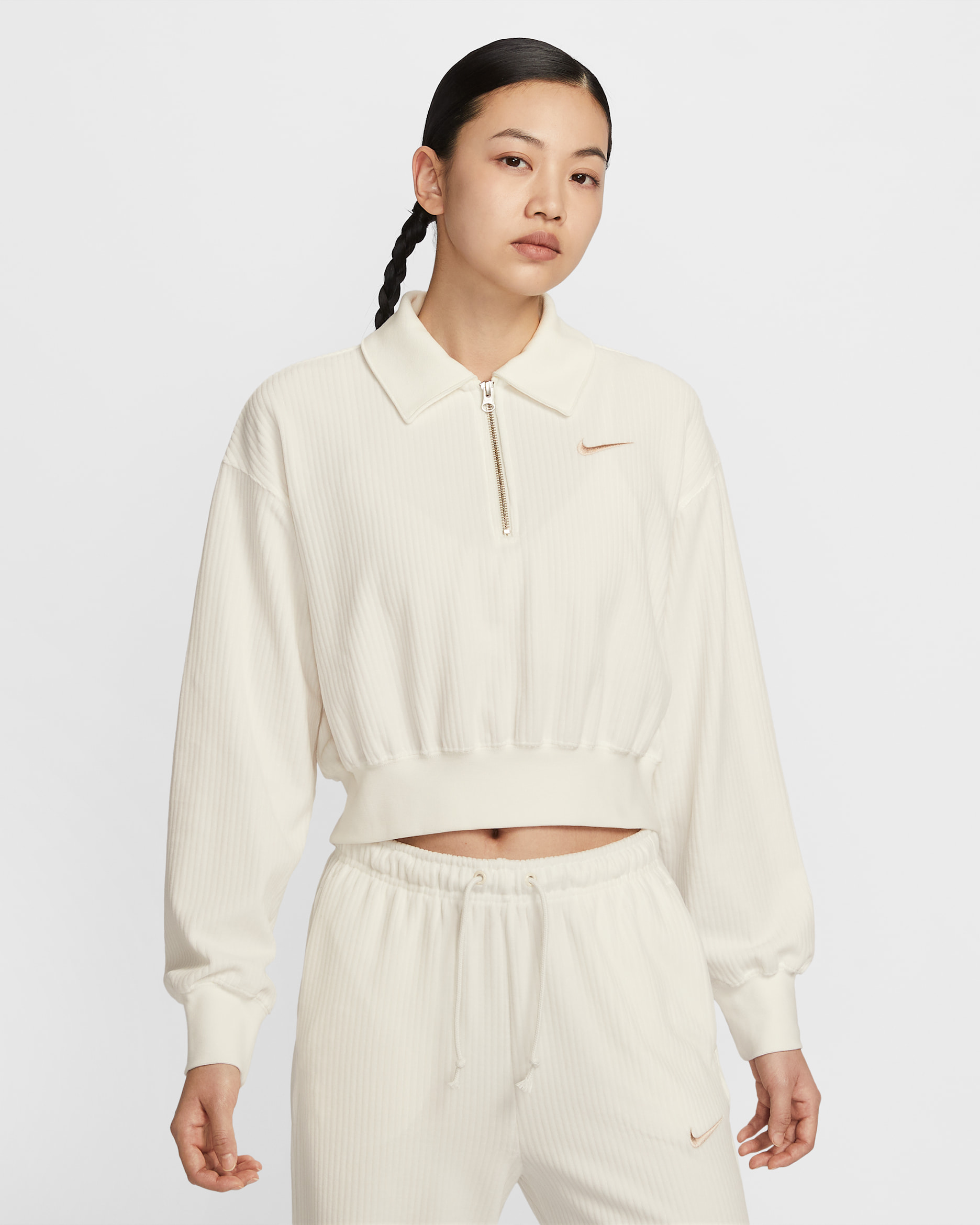 ナイキ スポーツウェア ウィメンズ ベロア クロップド 1/4ジップ トップ - セイル/フォスルストーン