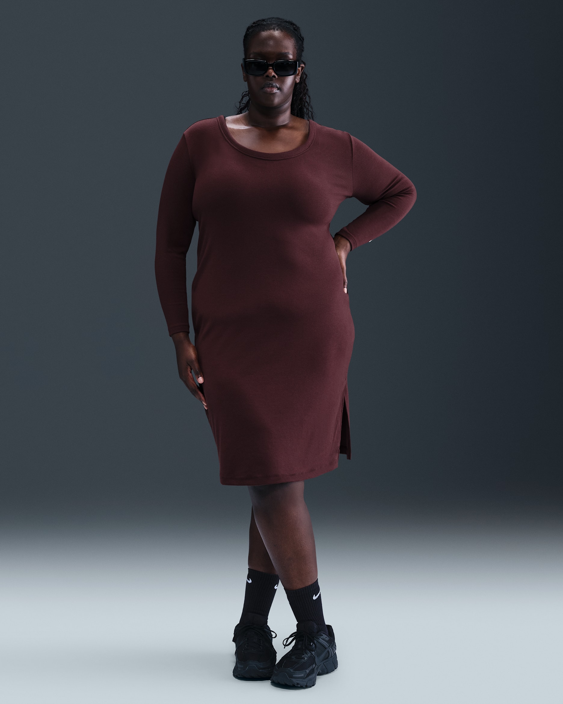 Nike Sportswear Chill Knit Women's Tight Long-Sleeve Midi Mini-Rib Dress (Plus Size) - Burgundy Crush/Sail