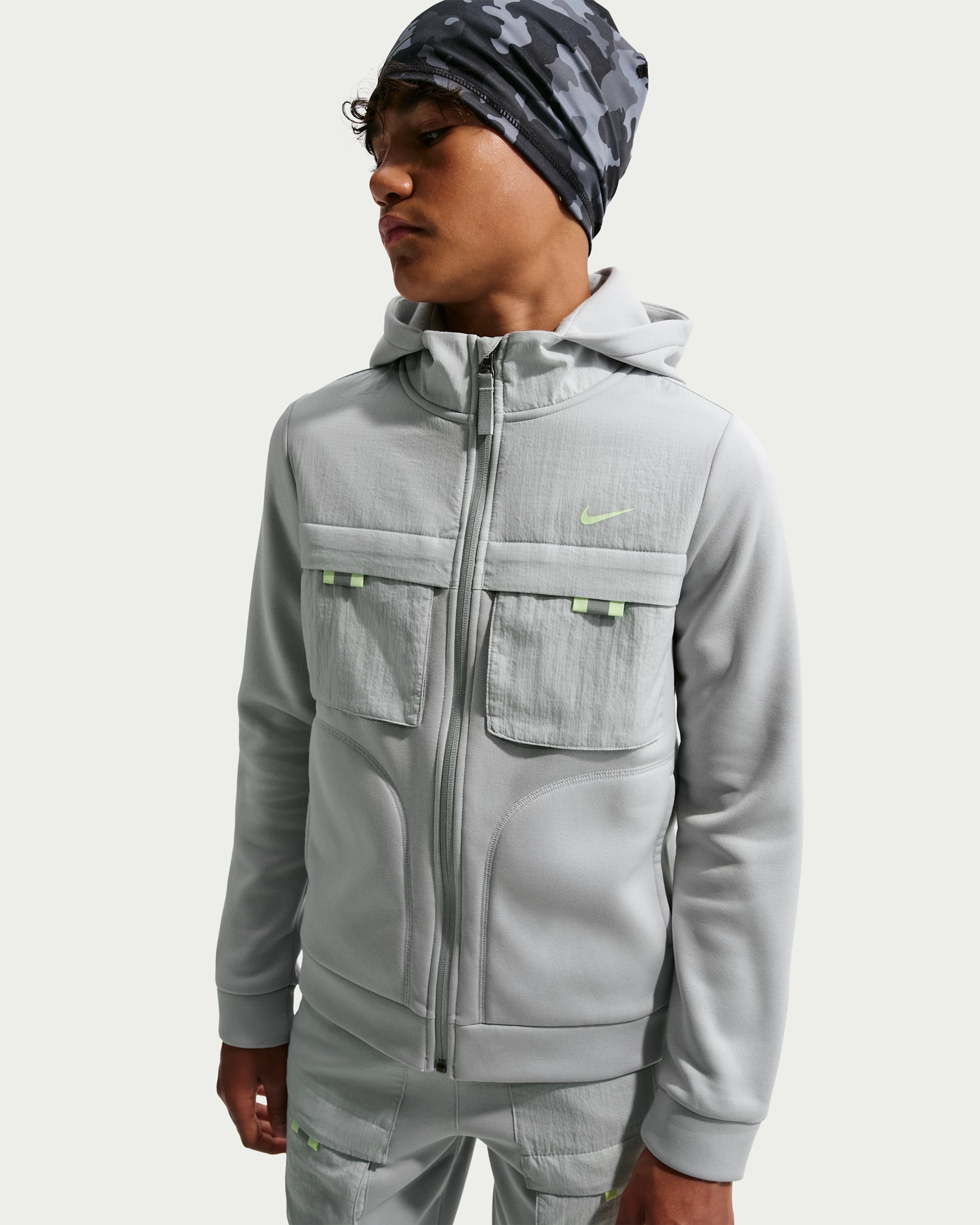 Nike Sportswear City Utility Big Kids' Full-Zip Hoodie - Light Smoke Grey/Light Smoke Grey/Light Liquid Lime