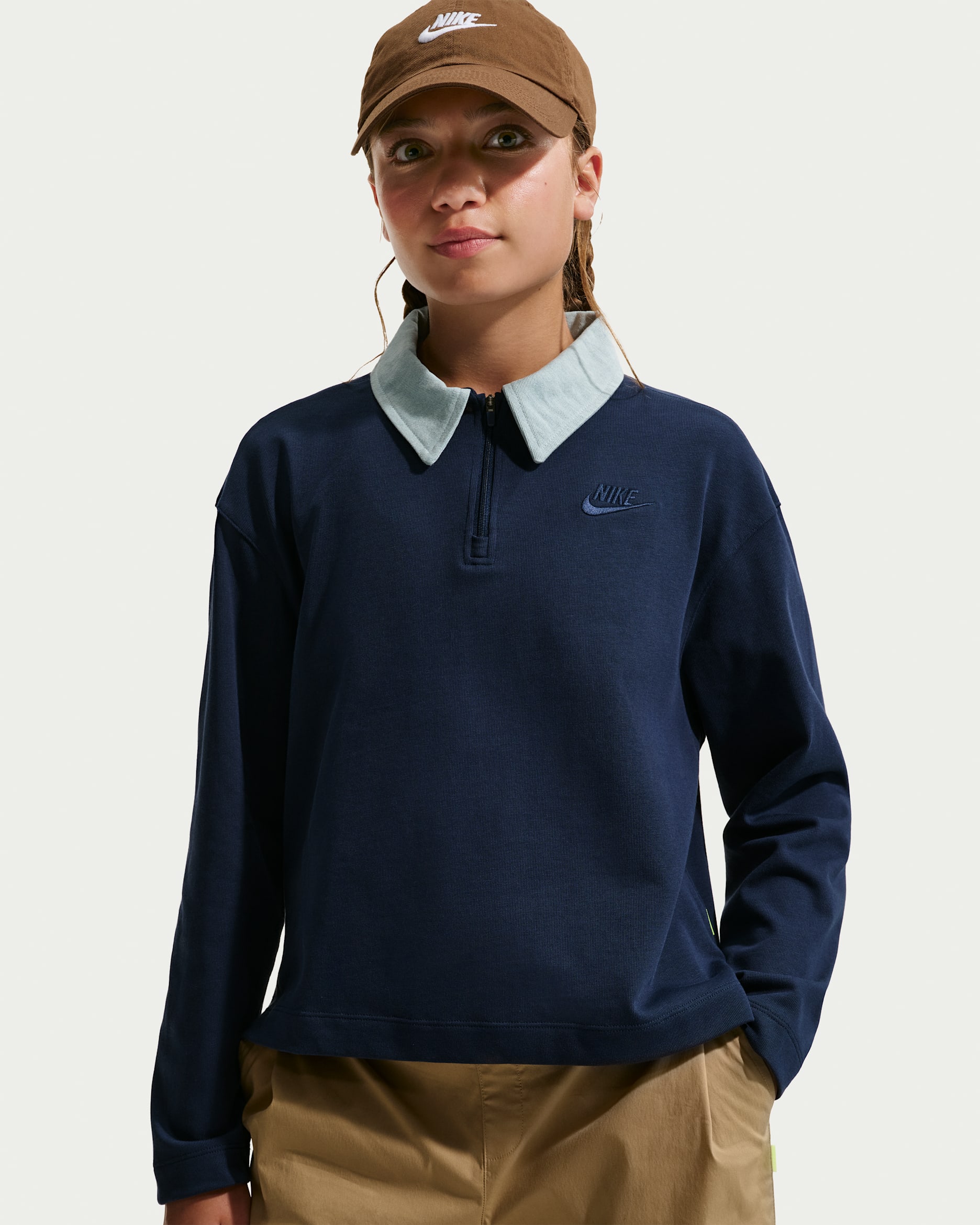 Nike Sportswear Collection Big Kids' (Girls') Long-Sleeve Polo Top - Midnight Navy/Light Armory Blue/Midnight Navy