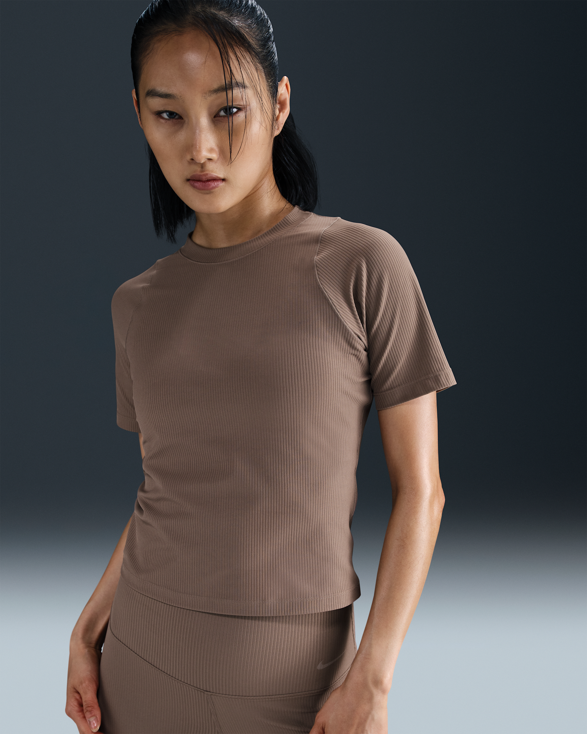 Nike Zenvy Rib Women's Dri-FIT Short-Sleeve Top - Mink Brown/White