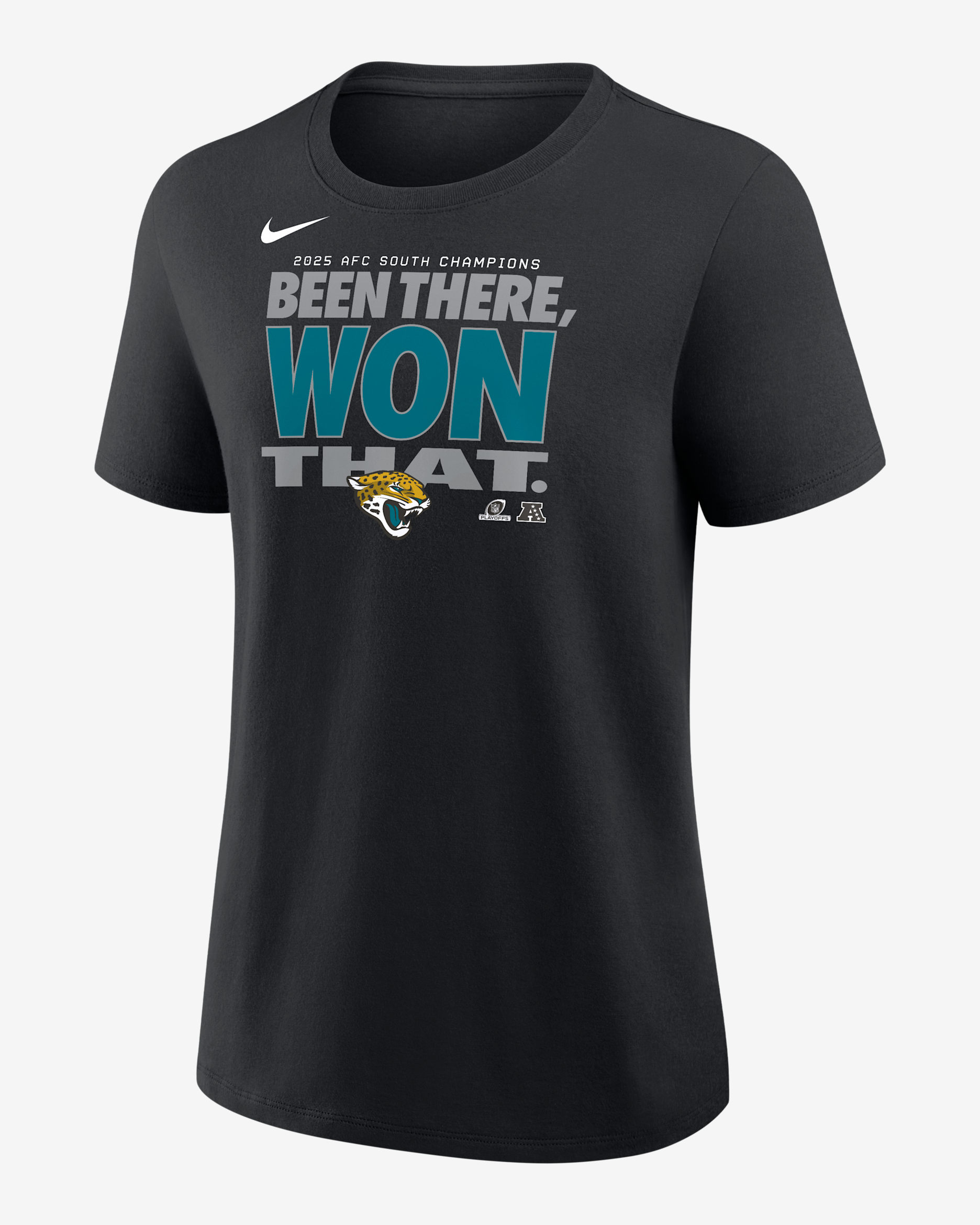 Jacksonville Jaguars 2025 AFC South Champions Trophy Women's Nike NFL T-Shirt - Black