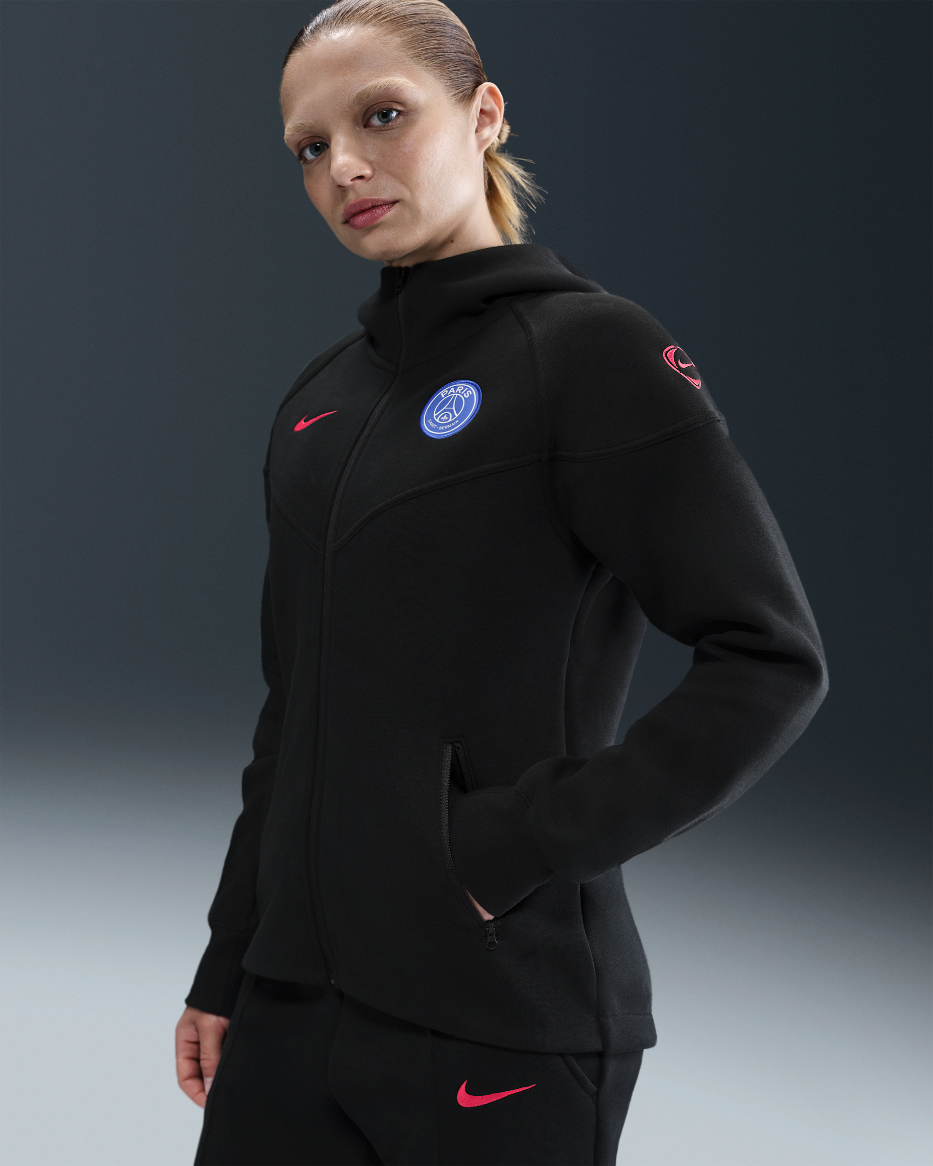 Paris Saint-Germain Tech Windrunner Third Women's Nike Total 90 Football Fleece Full-Zip Hoodie - Black/Global Red