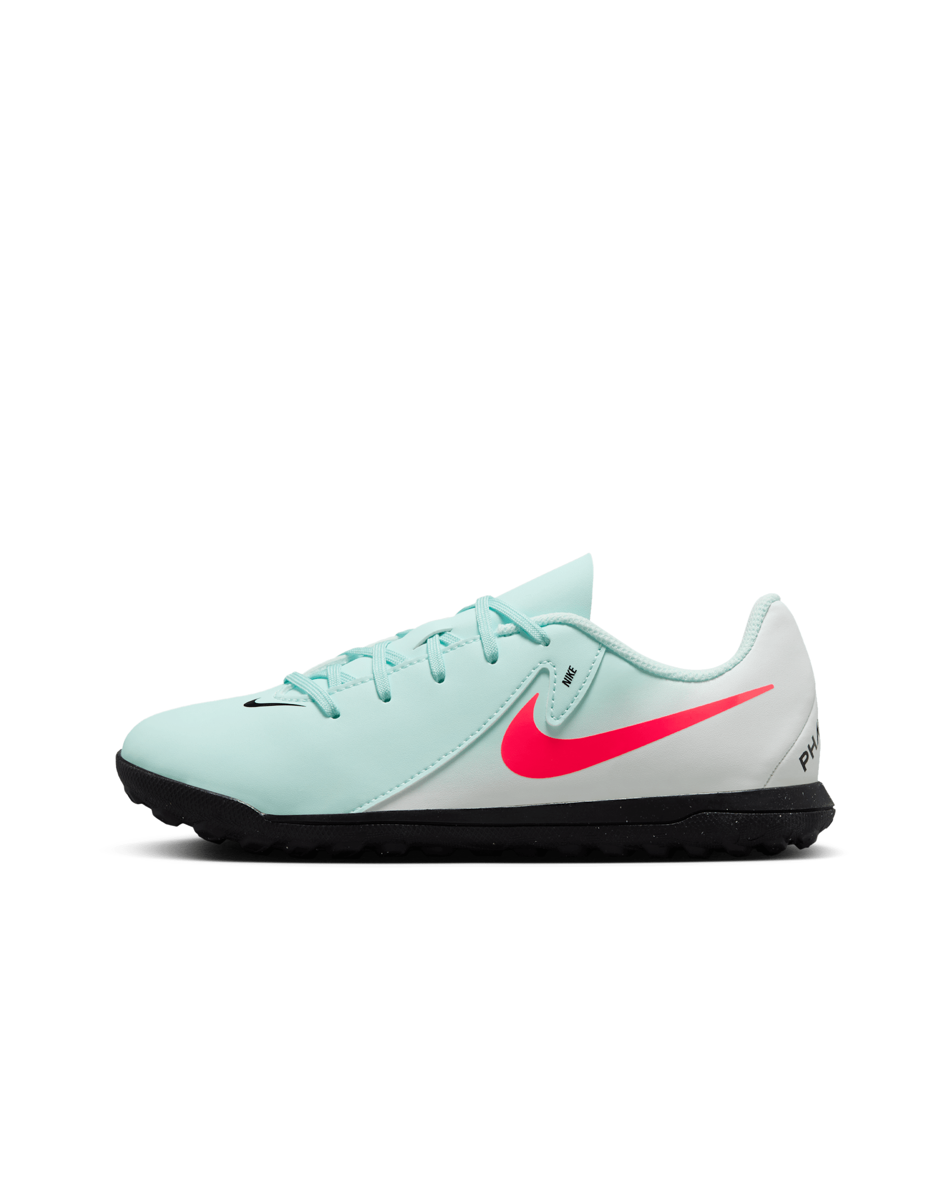Tacos de fútbol para pasto sintético (turf) de corte low para niños de preescolar y grandes Nike Jr. Phantom GX 2 Club - Menta/Sombrío apagado/Rojo atómico