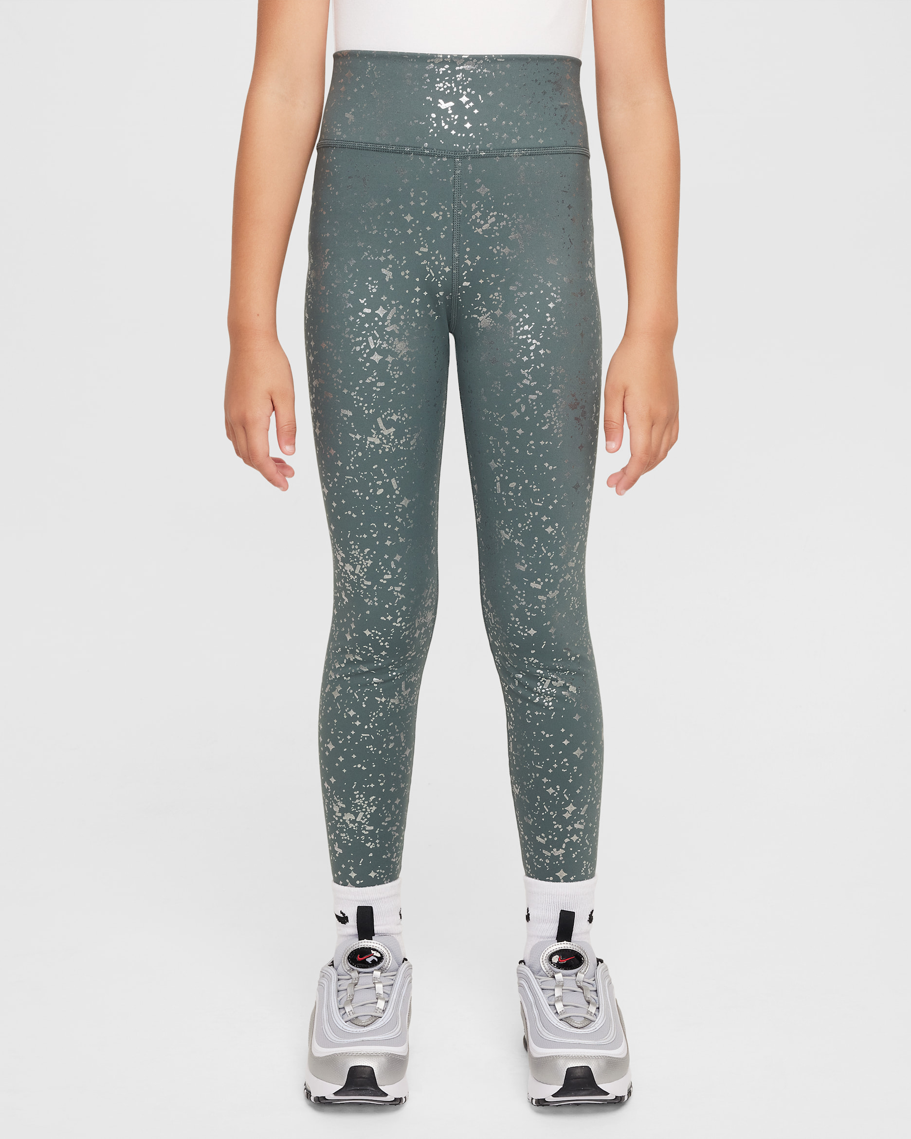 Nike One Big Kids' (Girls') Dri-FIT High-Waisted Leggings - Vintage Green/Metallic Silver