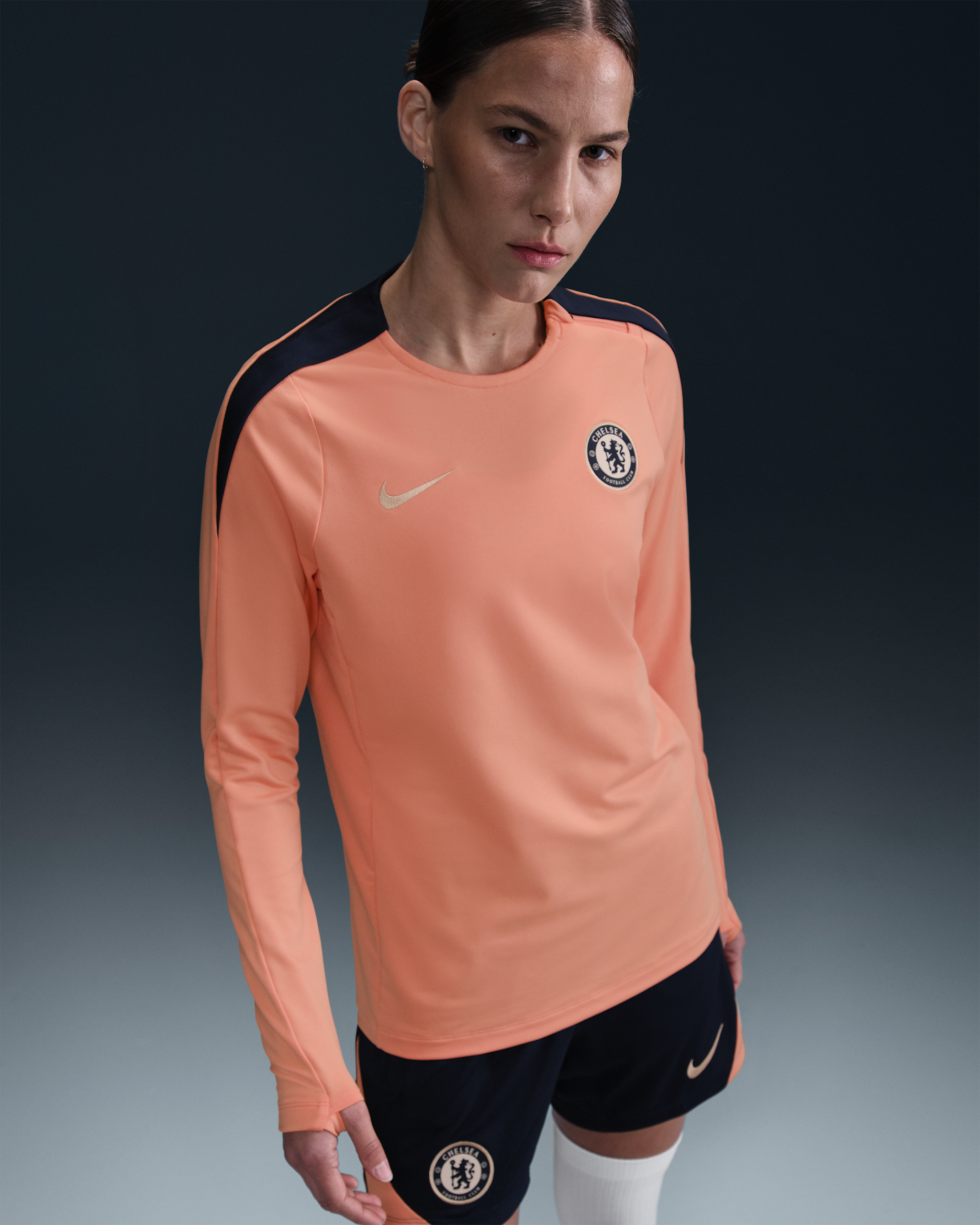 Chelsea F.C. Strike Special Edition Women's Nike Dri-FIT Knit Crew-Neck Top - Apricot Agate/Obsidian/Guava Ice