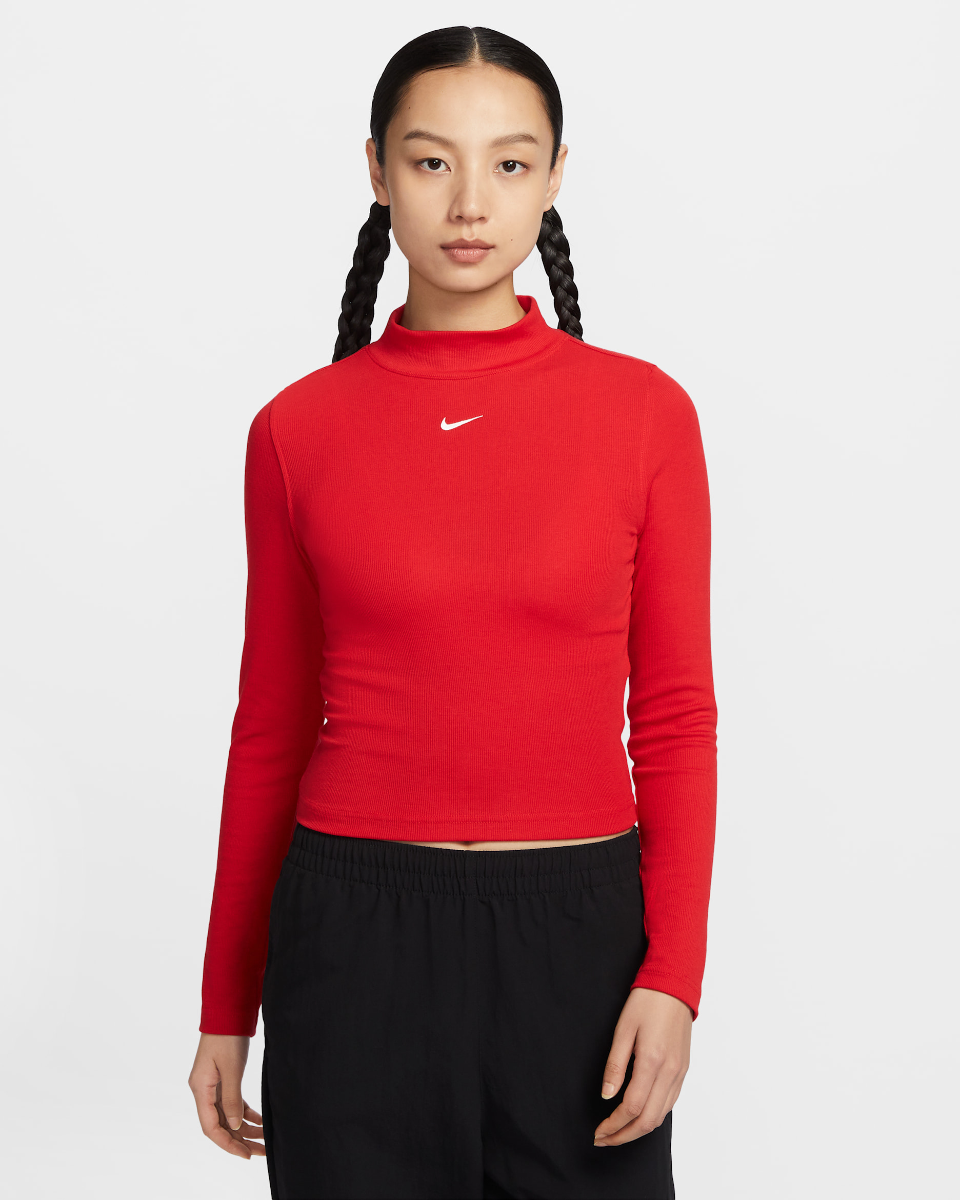 Nike Sportswear Essential Women's Ribbed Mock-Neck Long-Sleeve Top - University Red/Heather/Sail