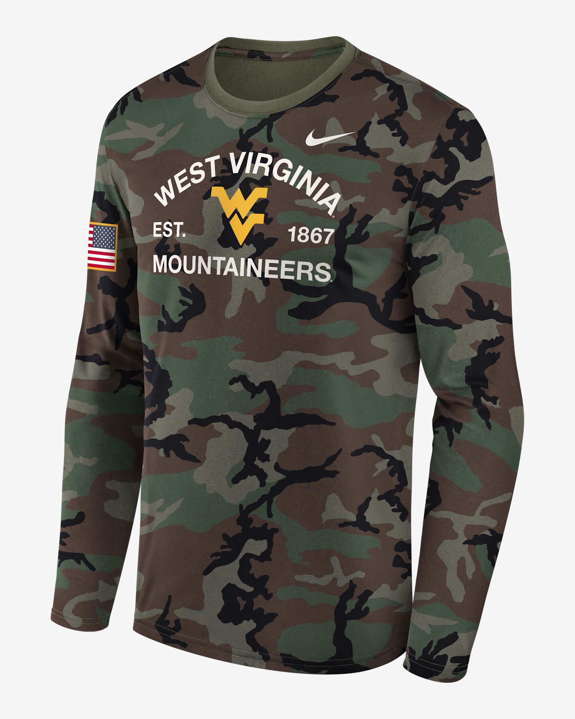 West Virginia 2025 Military Appreciation Legend Men's Nike Dri-FIT College Long-Sleeve T-Shirt - Olive