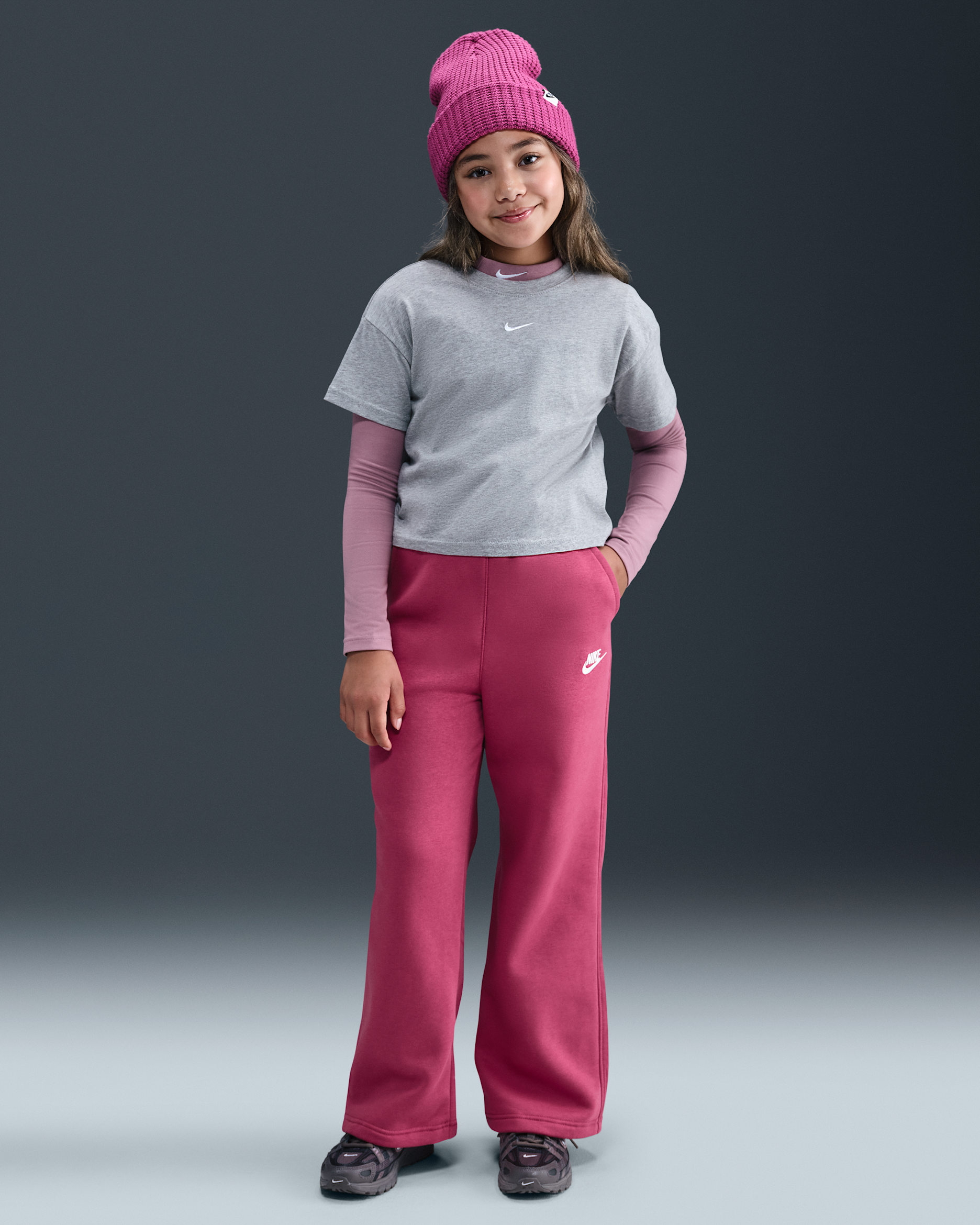 Nike Sportswear Club Fleece Girls' Wide-Leg Pants - Sweet Beet/Sweet Beet/White