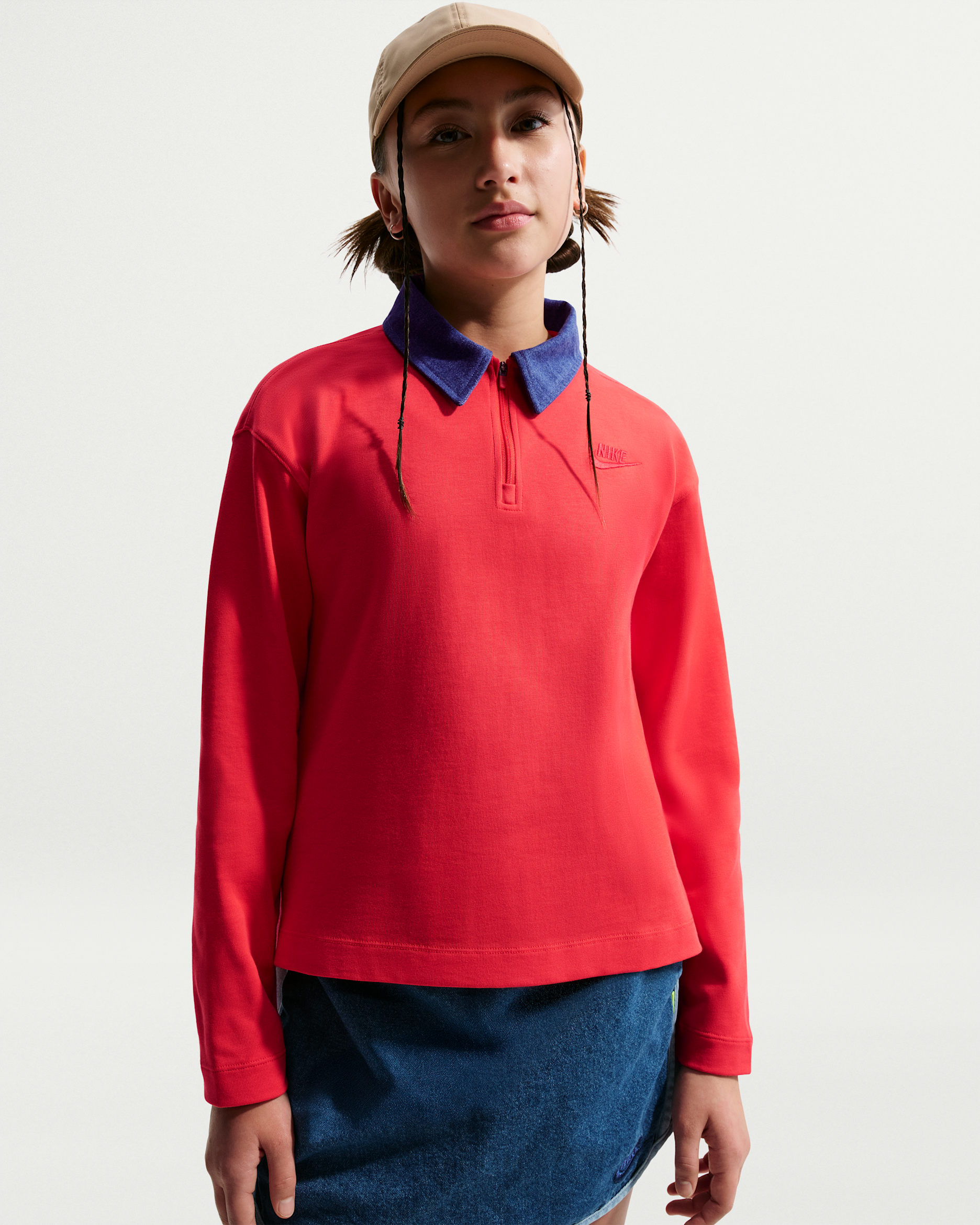 Nike Sportswear Collection Big Kids' (Girls') Long-Sleeve Polo Top - Light Crimson/Mystic Navy/Light Crimson