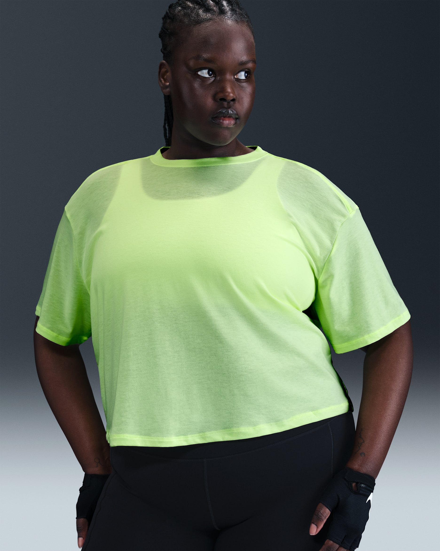 Nike One Relaxed Women's Dri-FIT Cropped Short-Sleeve Top (Plus Size) - Barely Volt/Black