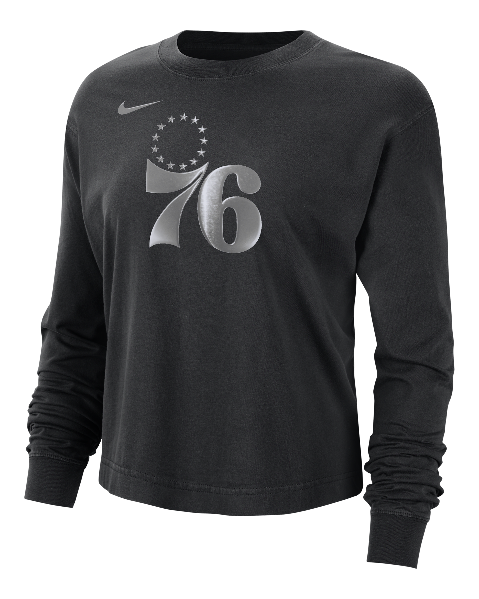 Playera de manga larga Nike de la NBA con brillo de corte cuadrado para mujer Philadelphia 76ers Courtside - Negro