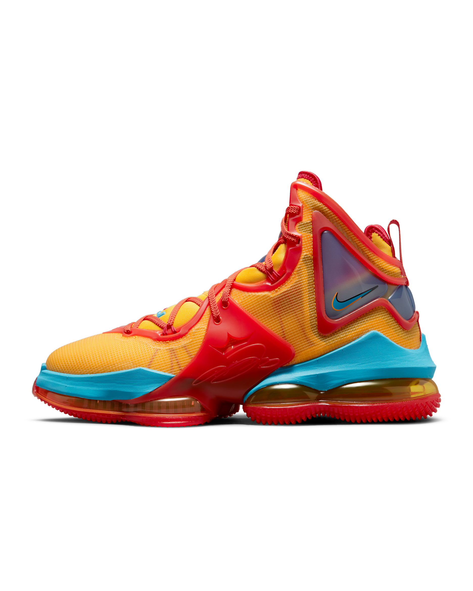 LeBron 19 Basketball Shoe - Mantra Orange/University Gold/University Red/Light Blue Fury