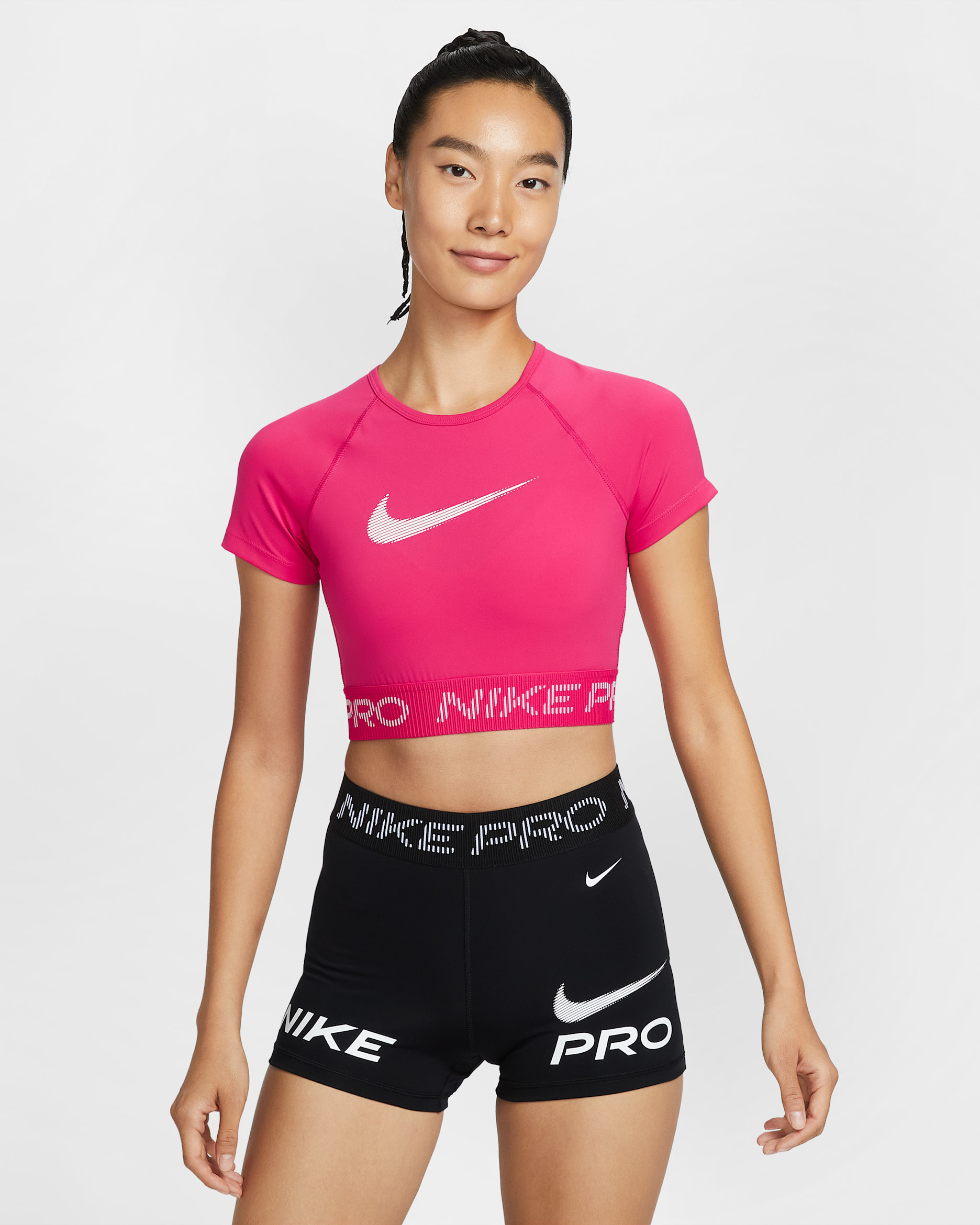 Nike Pro Women's Dri-FIT Short-Sleeve Cropped Graphic Top - Rush Pink/Pink Foam/White