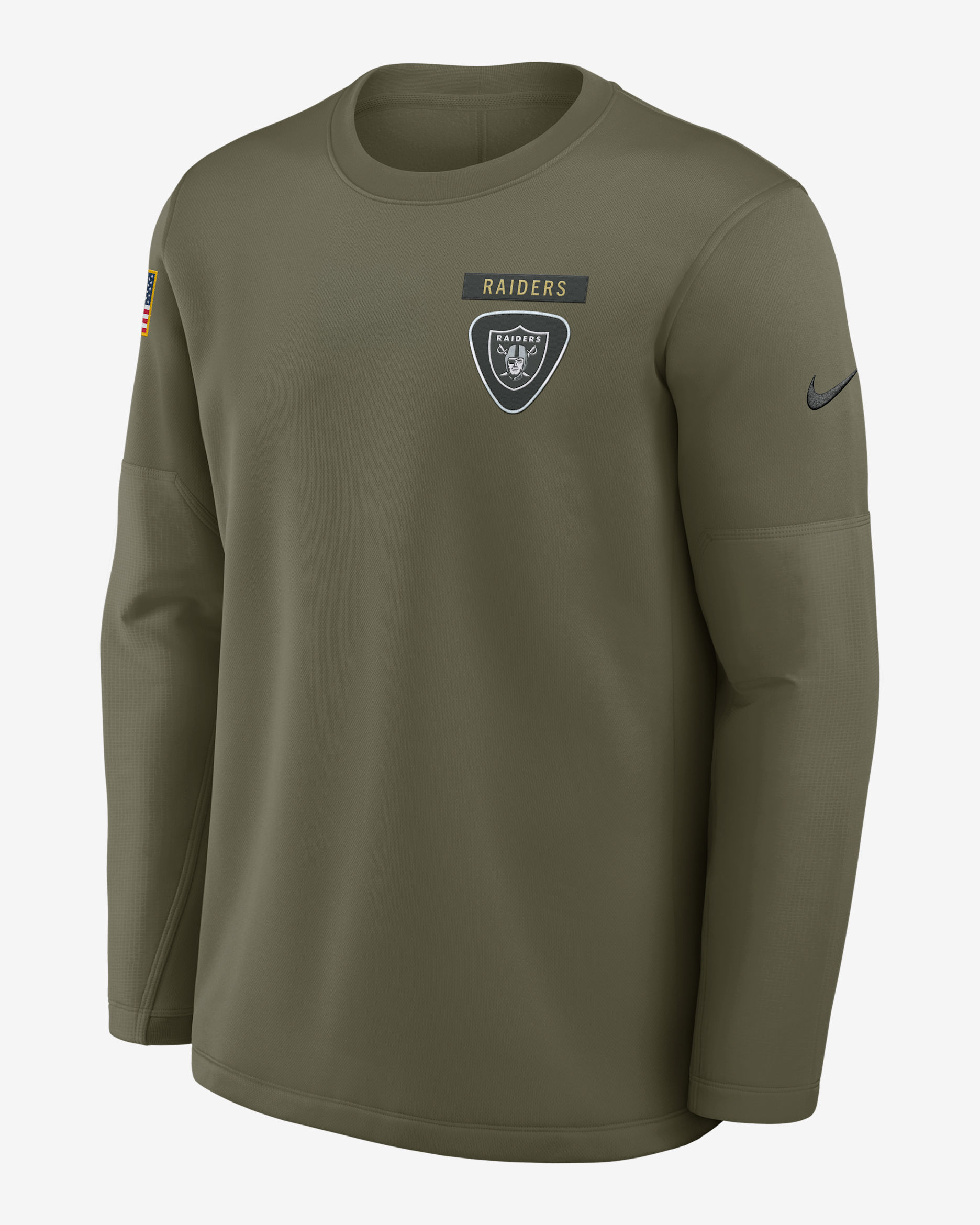 Sudadera de cuello redondo sin cierre Nike de la NFL para hombre Las Vegas Raiders Salute to Service Sideline Triumphant Win Coach - Oliva medio