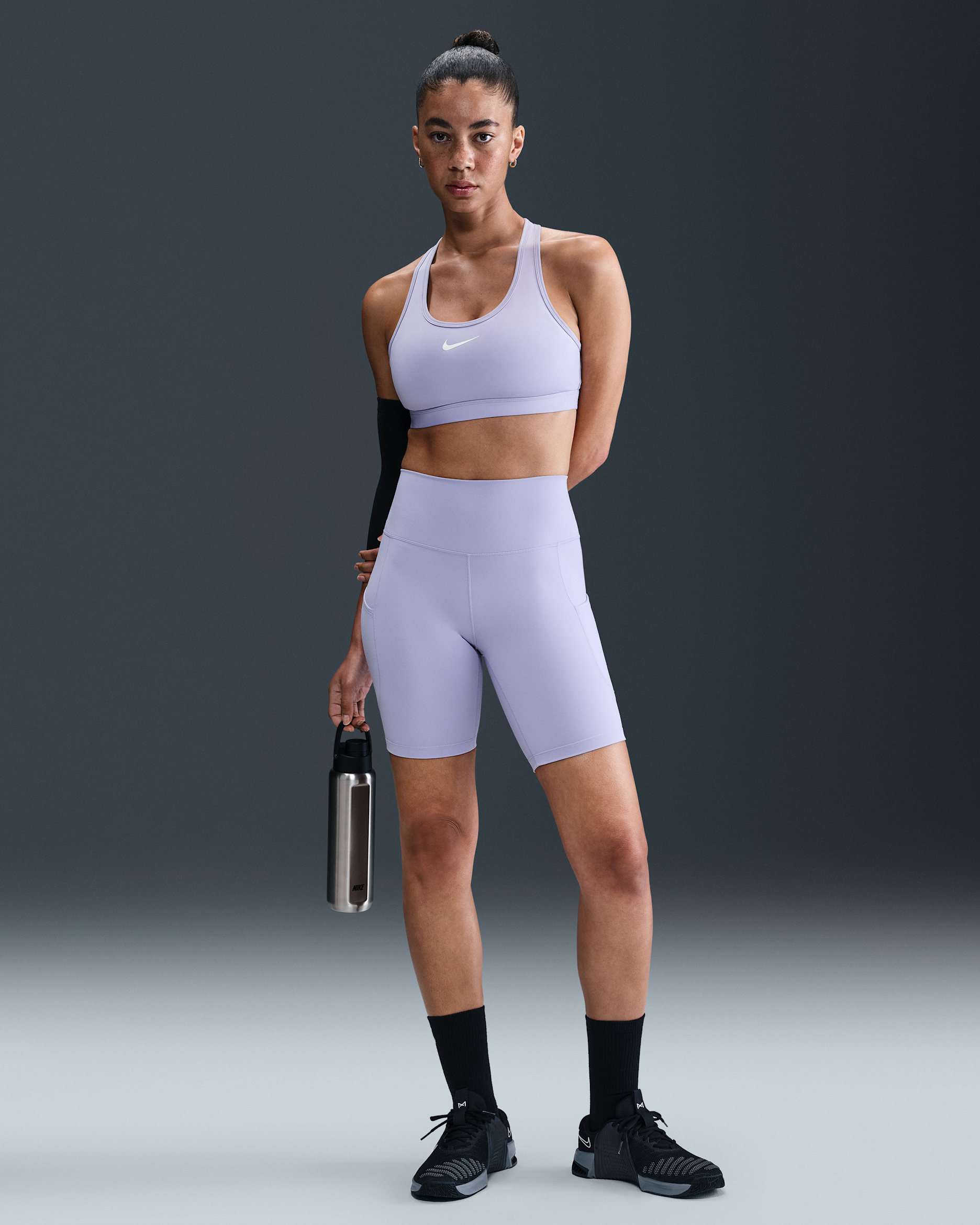 Nike One Women's High-Waisted 8" Biker Shorts with Pockets - Lilac Ice/Black