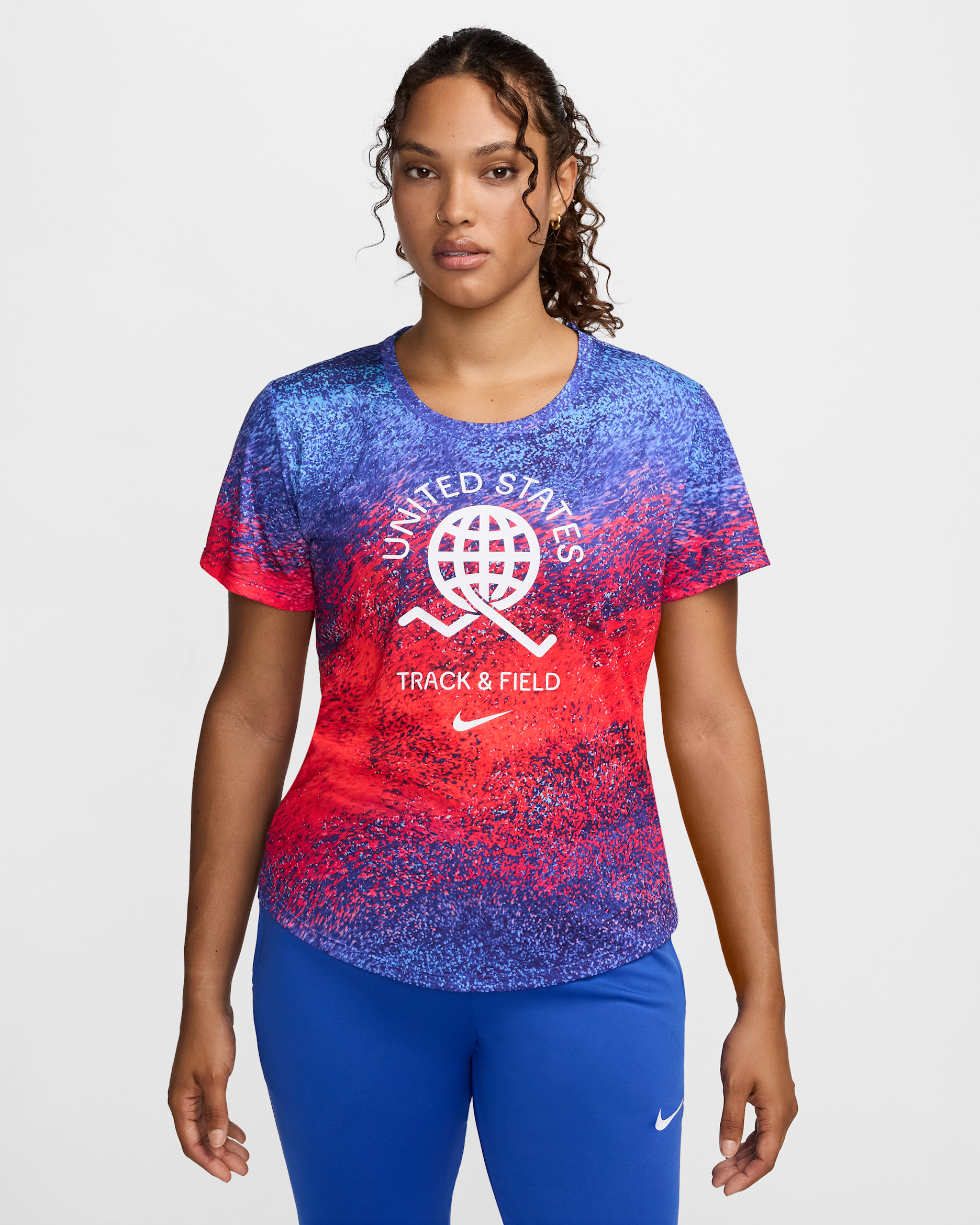 USA One Women's Nike Dri-FIT Running Short-Sleeve Top - Bright Crimson/Old Royal/Baltic Blue/White