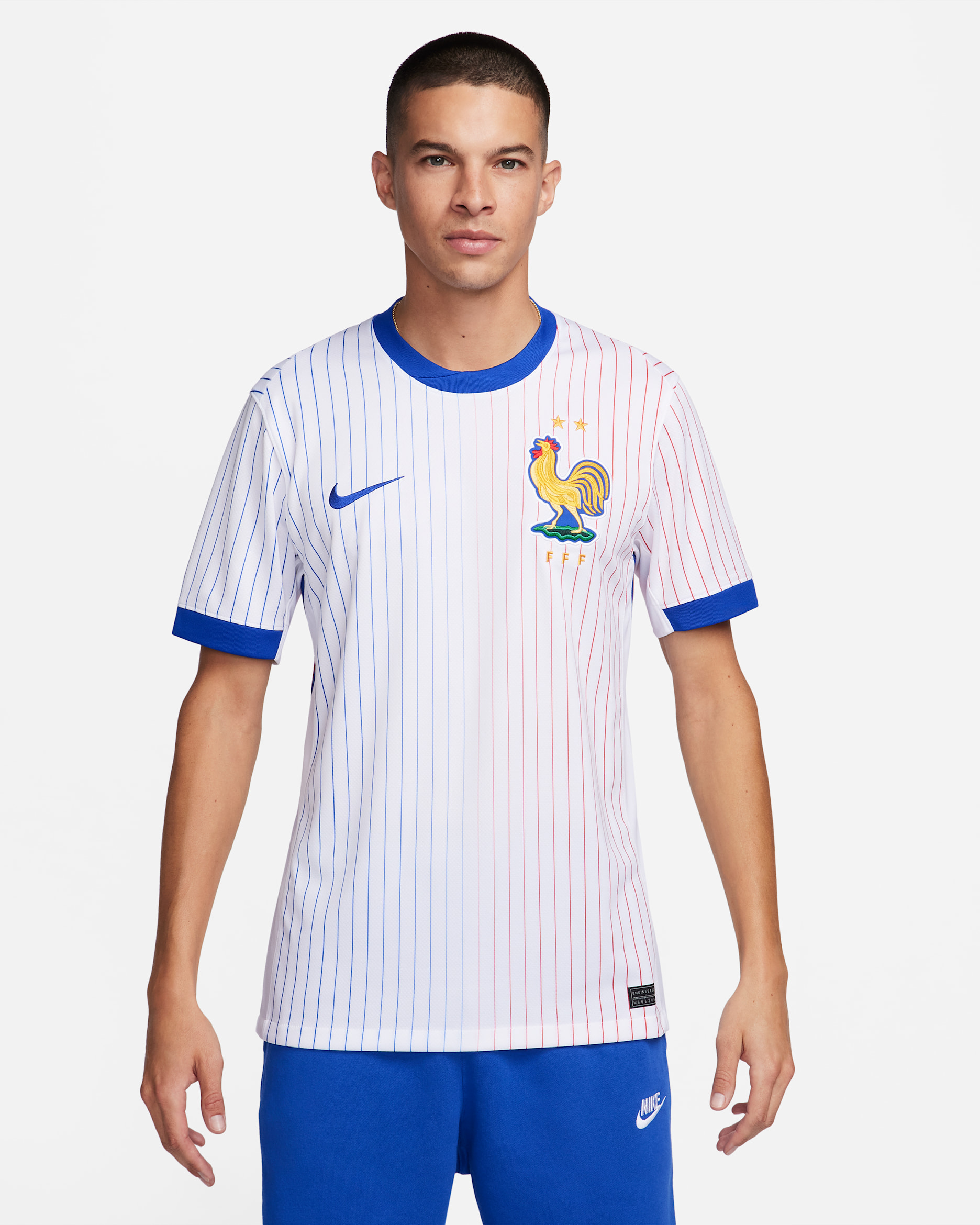 FFF (Men's Team) 2024/25 Stadium Away Men's Nike Dri-FIT Football Replica Shirt - White/Bright Blue/University Red/Bright Blue