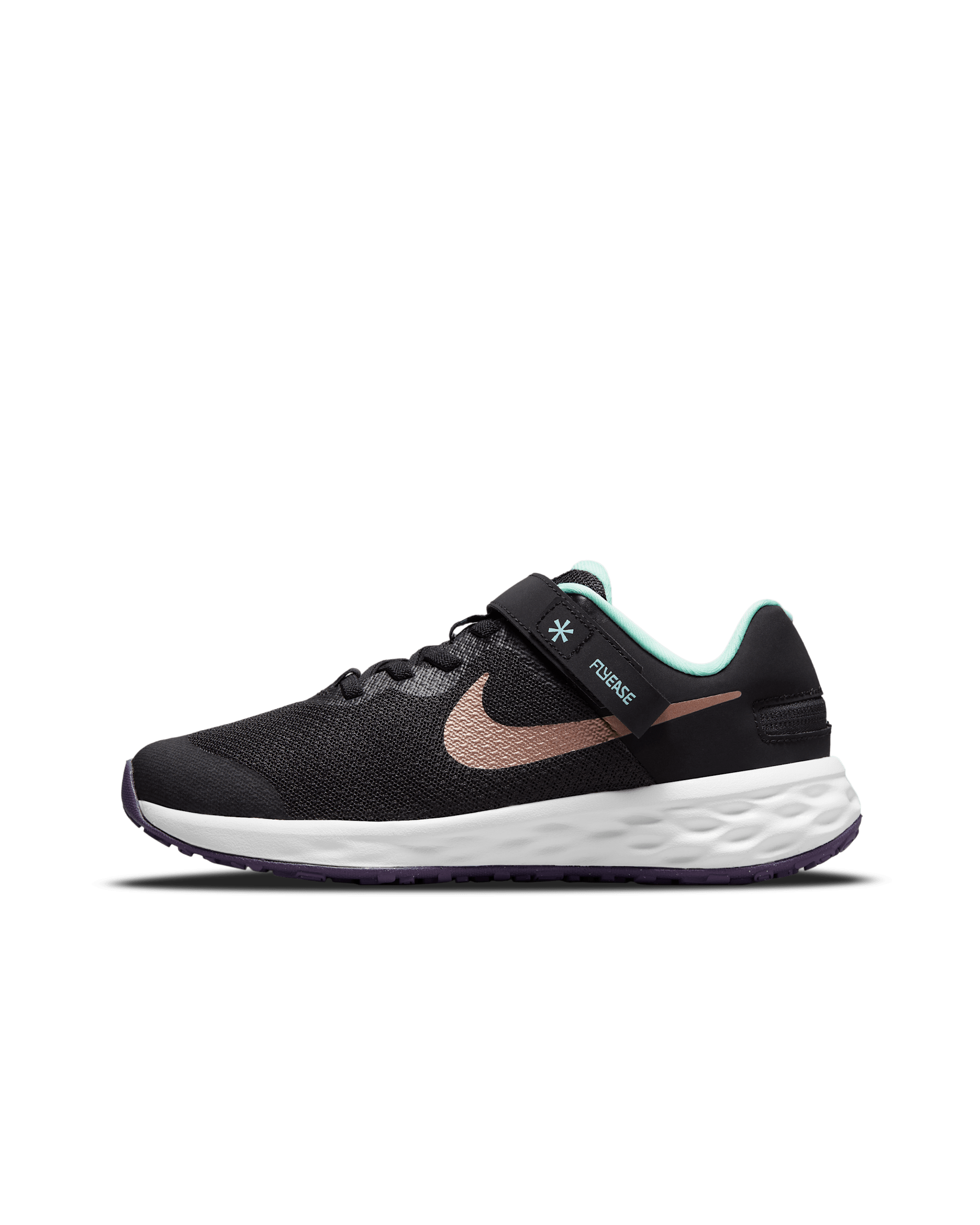 Nike Revolution 6 FlyEase 大童輕鬆穿脫路跑鞋 - 黑色/Mint Foam/Canyon Purple/Metallic Red Bronze