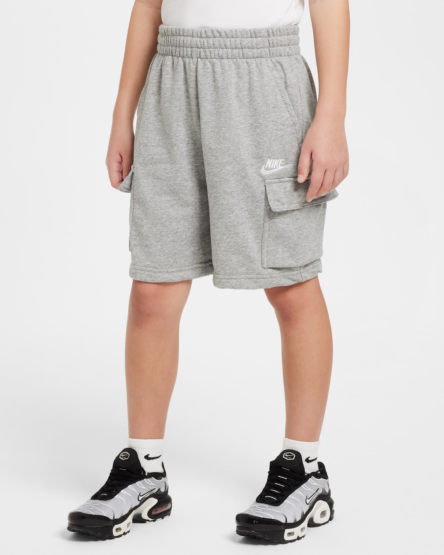 Nike Sportswear Club Big Kids' French Terry Cargo Shorts - Dark Grey Heather/Base Grey/White