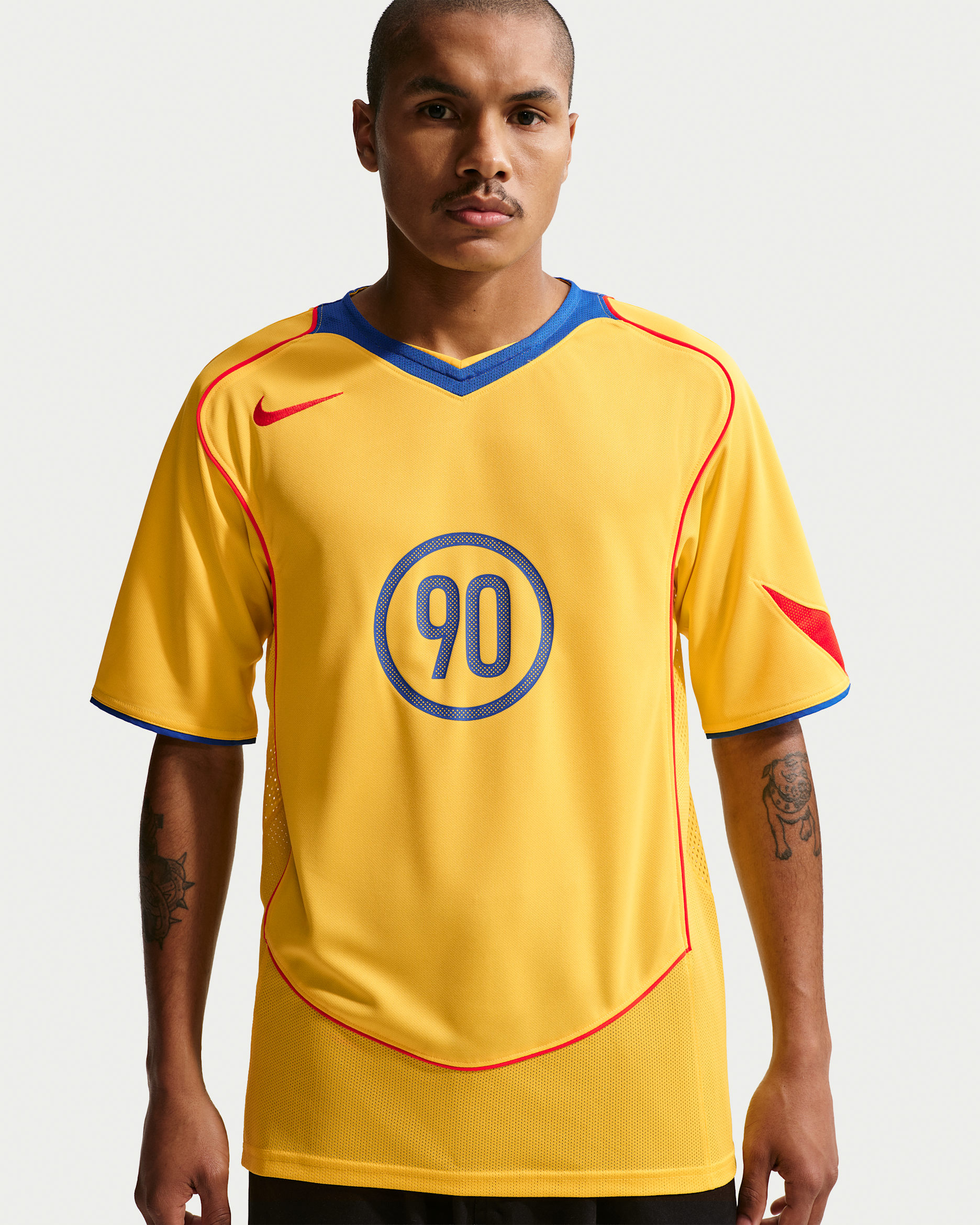 Nike Total 90 Men's Dri-FIT Short-Sleeve Soccer Top - Tour Yellow/Lyon Blue/Habanero Red/Habanero Red