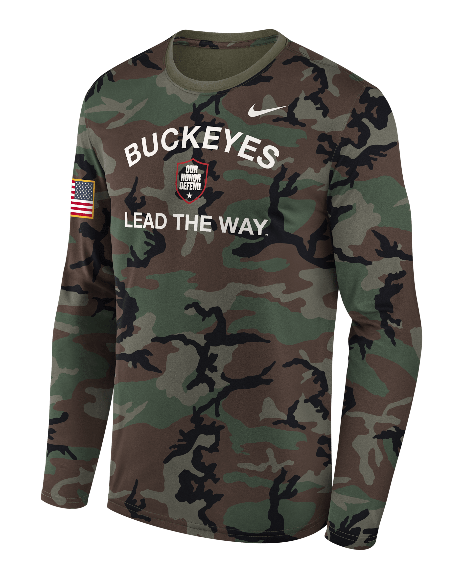 Playera de manga larga universitaria Nike Dri-FIT para hombre Ohio State 2025 Military Appreciation Legend - Oliva