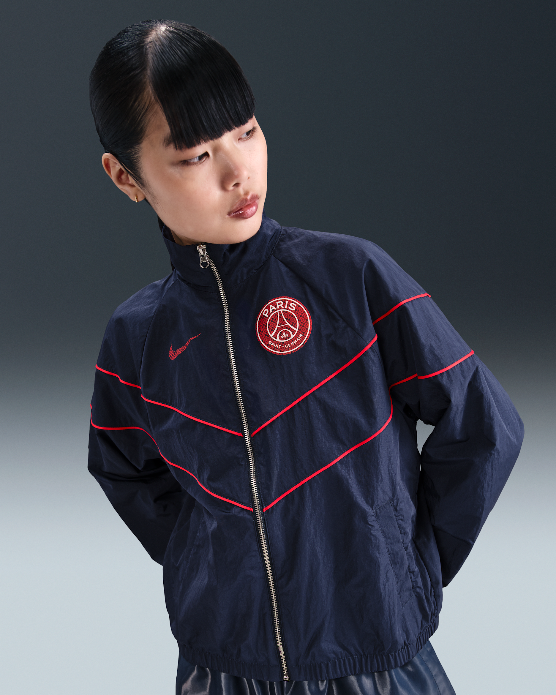 Vävd jacka Paris Saint-Germain Windrunner Nike Football UV med hel dragkedja för kvinnor - Midnight Navy/Midnight Navy/University Red/Midnight Navy