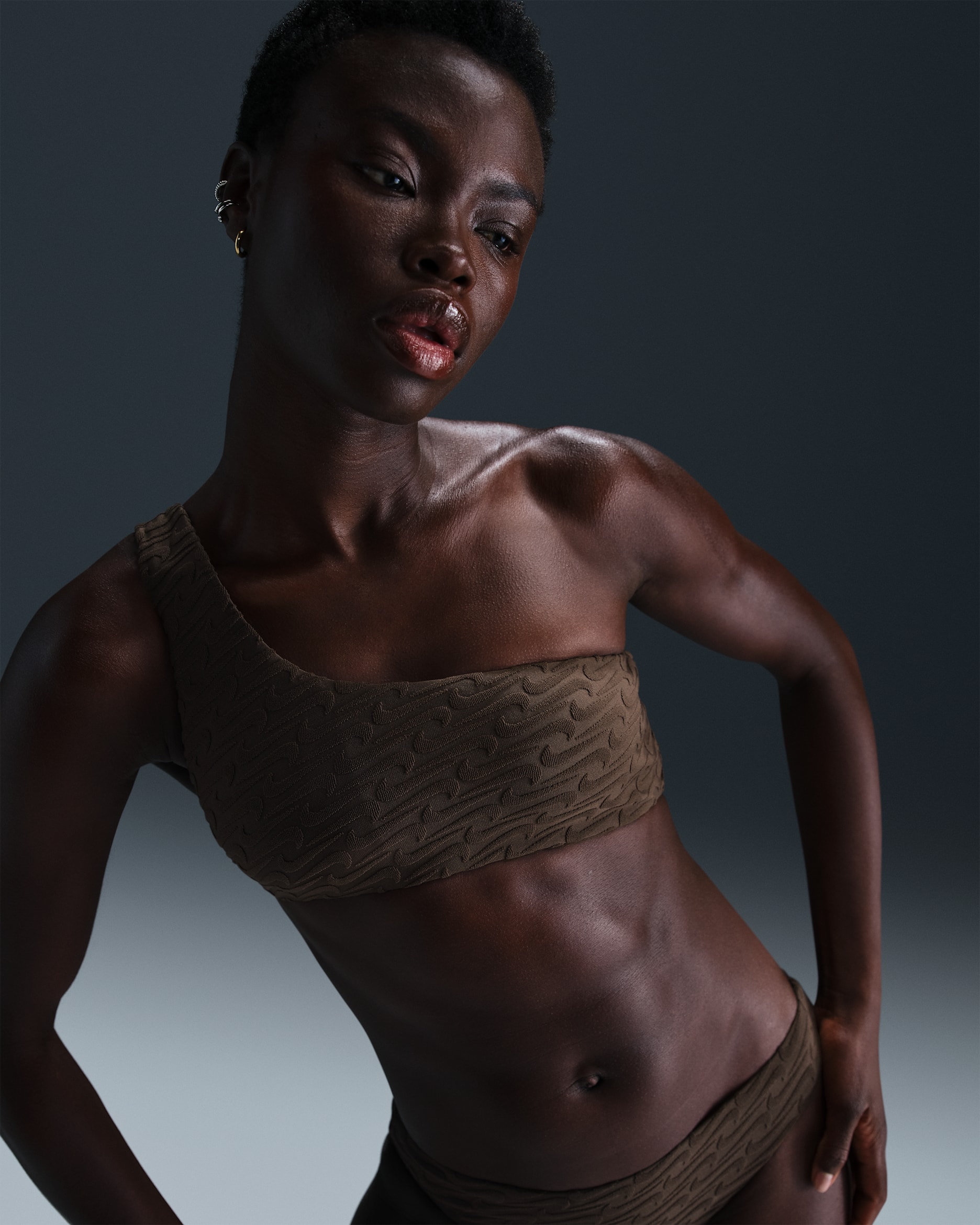 Nike Swim Swoosh Link Women's Terry Asymmetrical Bikini Top - Baroque Brown