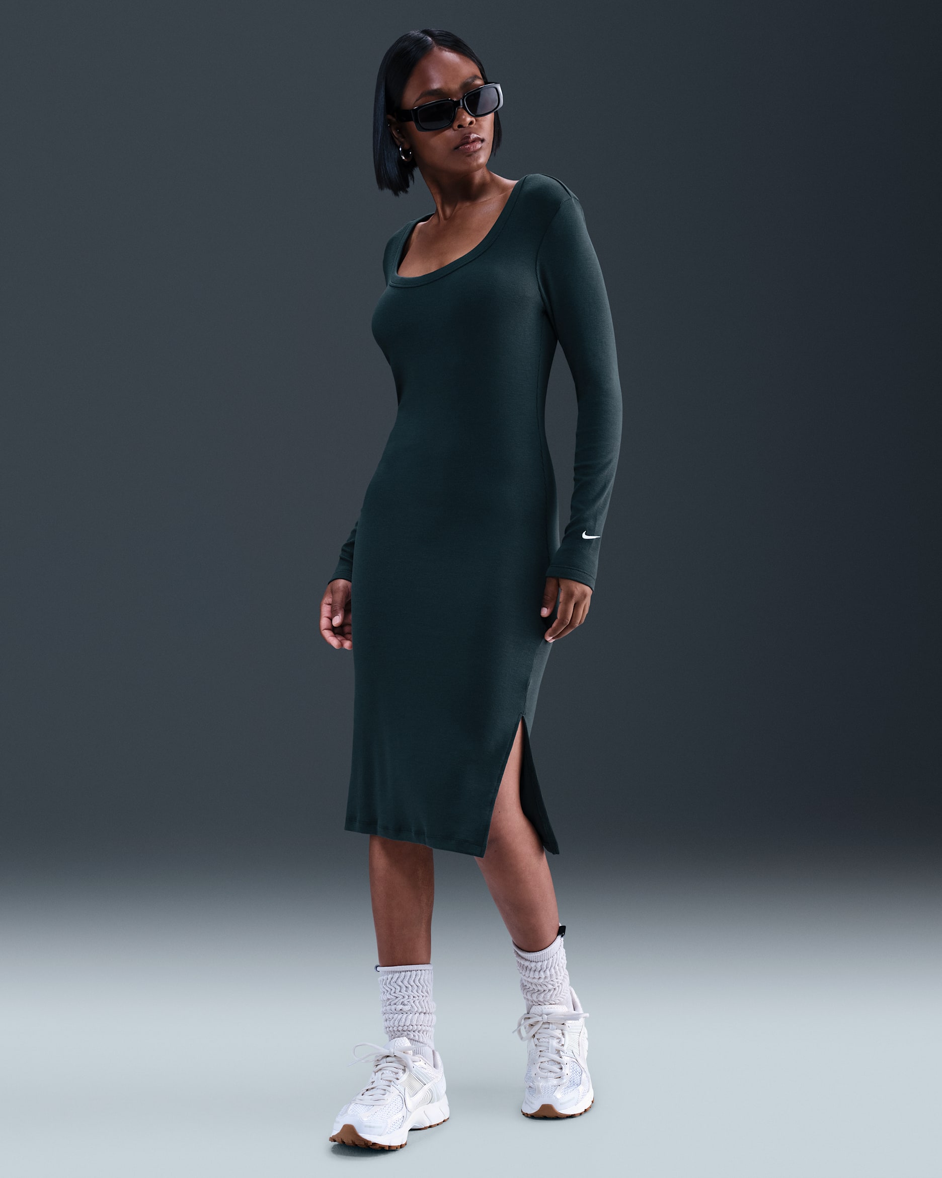 Nike Sportswear Chill Knit Women's Tight Long-Sleeve Midi Mini-Rib Dress - Seaweed/Sail