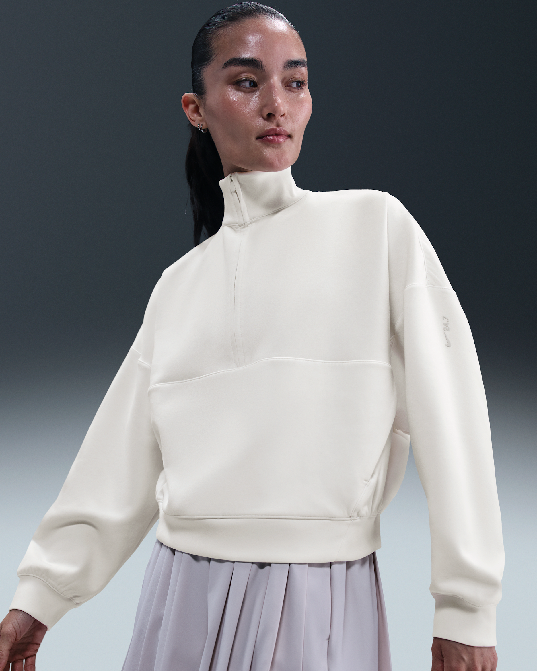 ナイキ 24.7 ImpossiblySoft ウィメンズ Dri-FIT オーバーサイズド 1/2ジップ トップ - セイル/ライトボーン