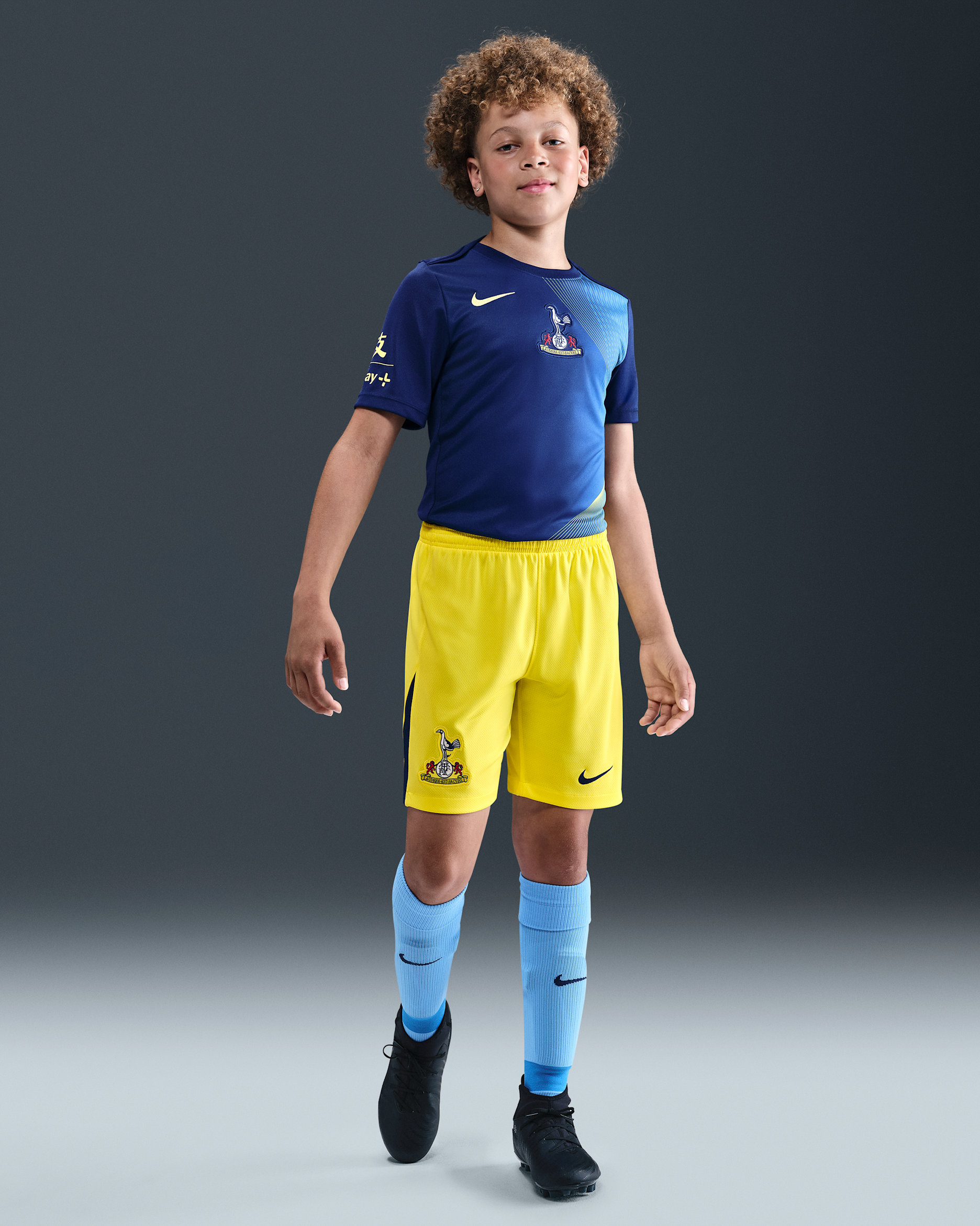 Tottenham Hotspur 2025/26 Stadium Third Nike Dri-FIT Total 90 Replika-Fußballshorts (ältere Kinder) - Dynamic Yellow/Blue Void/Blue Void