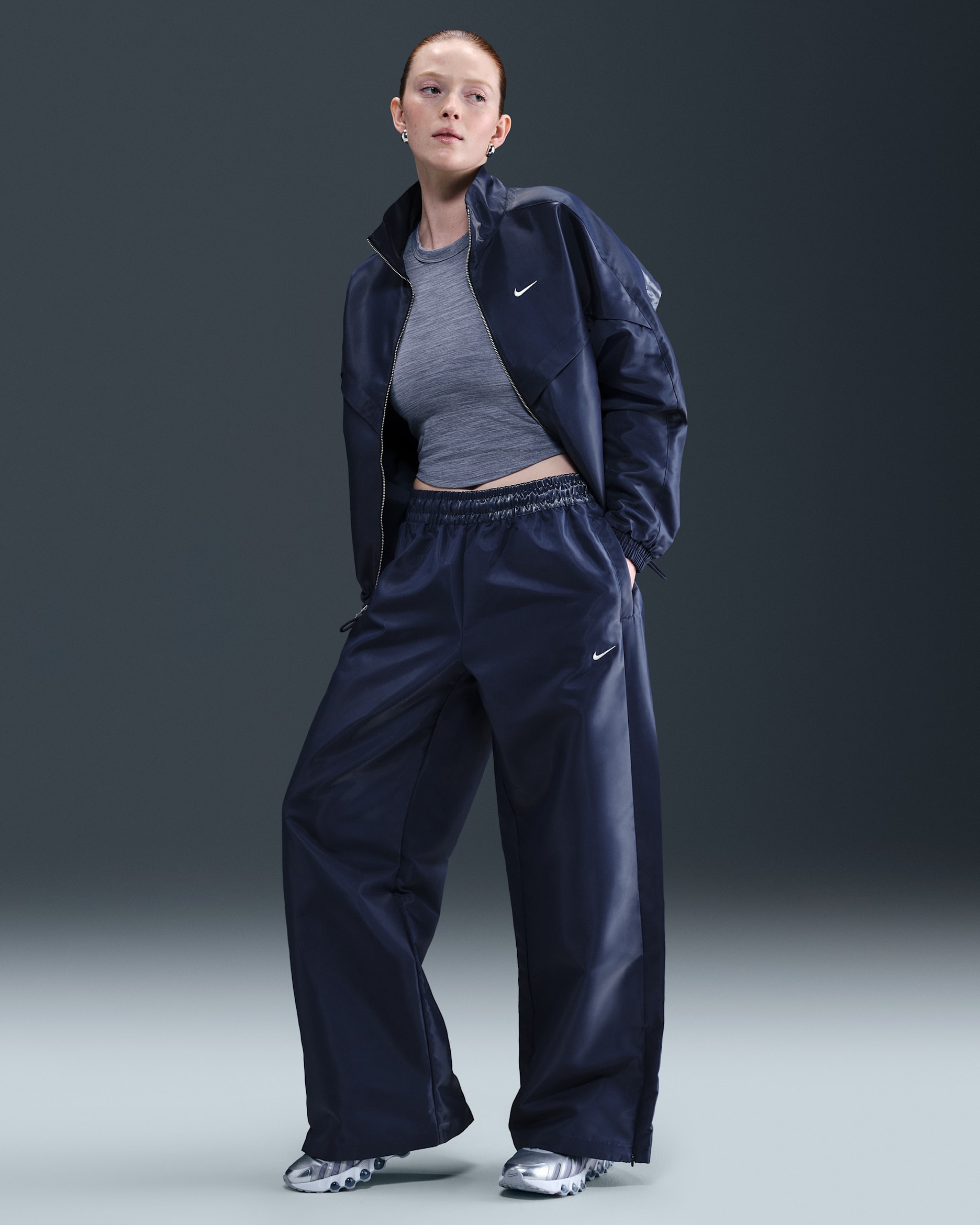 Pants brillantes para mujer Nike Sportswear Windrunner - Azul marino medianoche/Vela