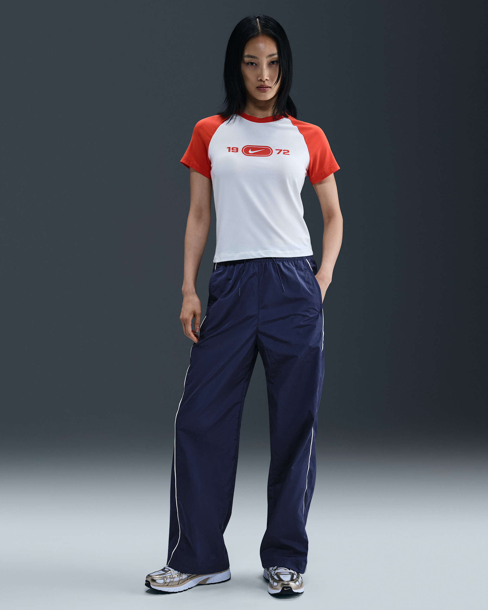 나이키 윈드러너 여성 하이웨이스트 우븐 오픈 헴 팬츠 - 미드나이트 네이비/세일/세일