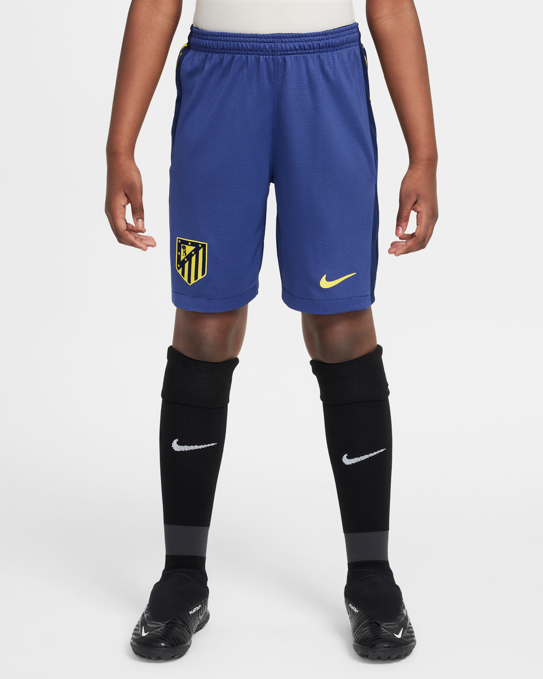 Atlético Madrid 2025/26 Stadium Away Nike Replika-Fußballshorts mit Dri-FIT-Technologie (ältere Kinder) - Binary Blue/Dark Purple Dust/Vibrant Yellow