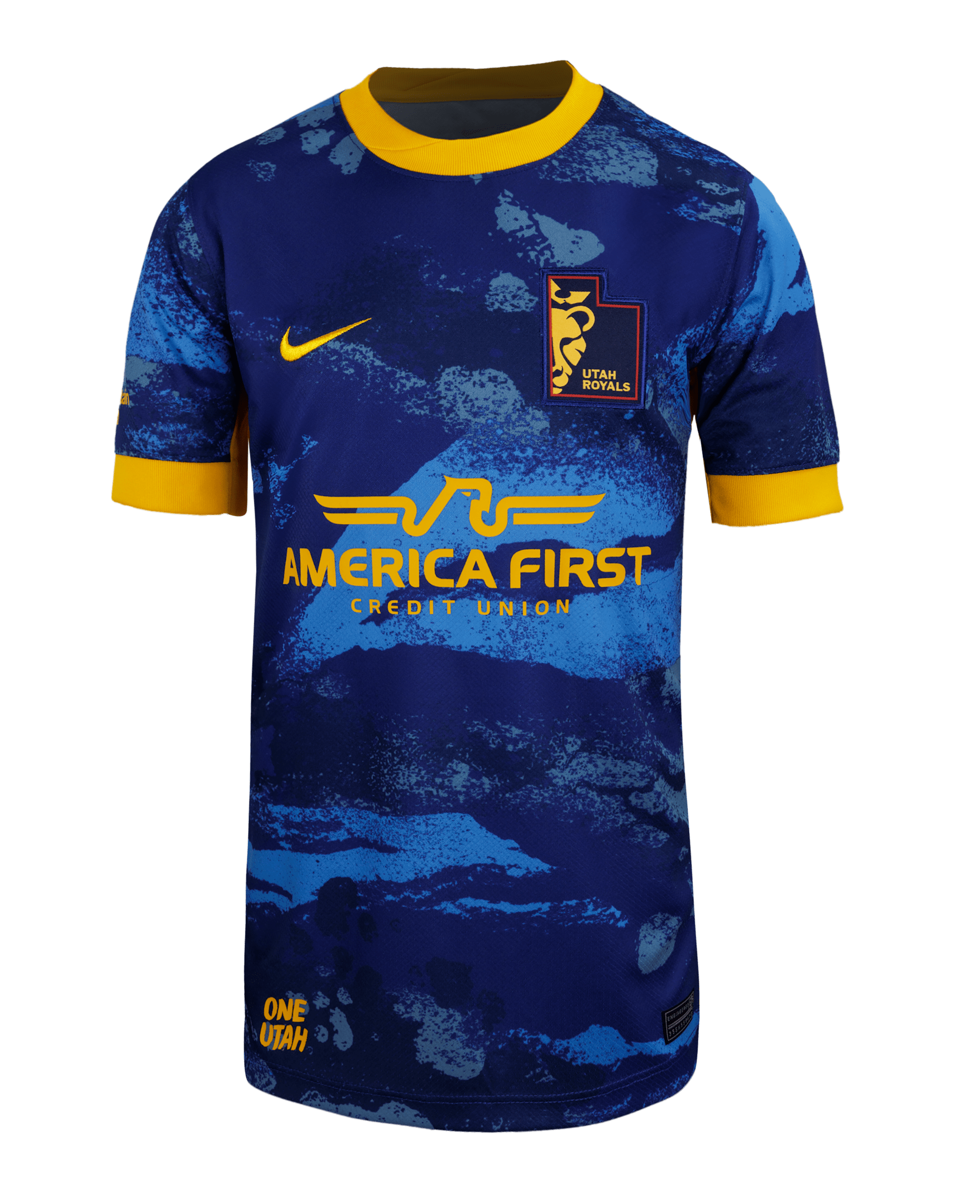 Jersey Nike Dri-FIT de la NWSL Replica Utah Royals FC visitante 2025 Stadium para niños talla grande - Azul royal intenso/Oro universitario
