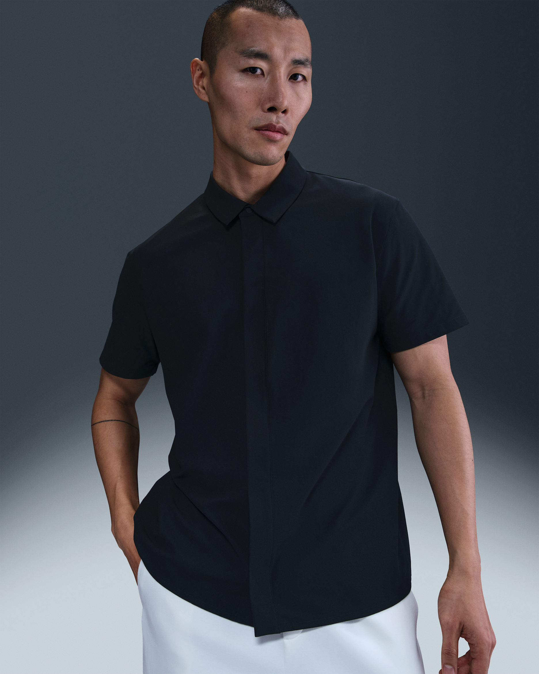 Nike 24.7 PerfectStretch Men's Dri-FIT Short-Sleeve Snap-Down Top - Black/Dark Smoke Grey