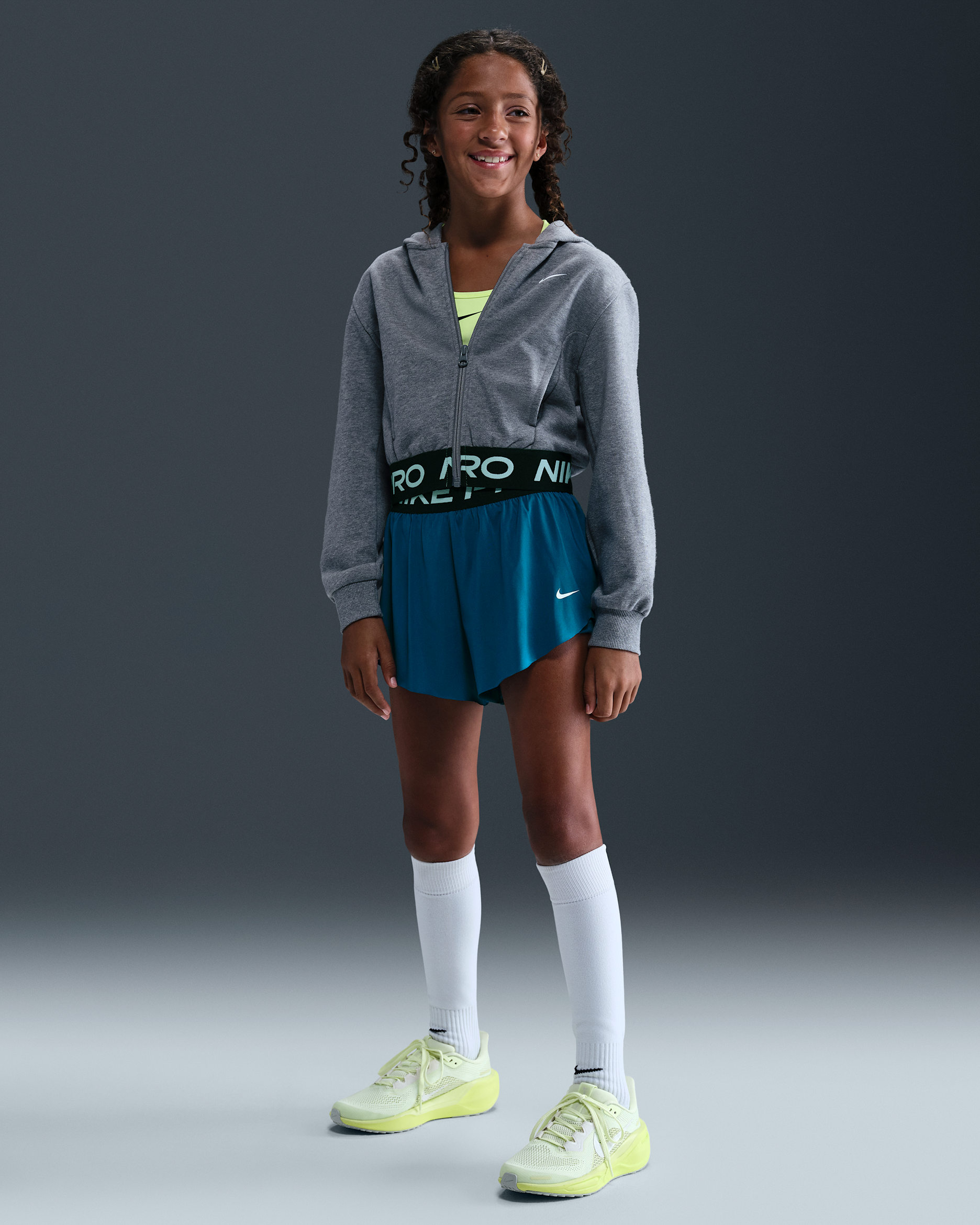 Nike Pro Older Kids' (Girls') Dri-FIT 2-in-1 Shorts - Green Abyss/Black/White