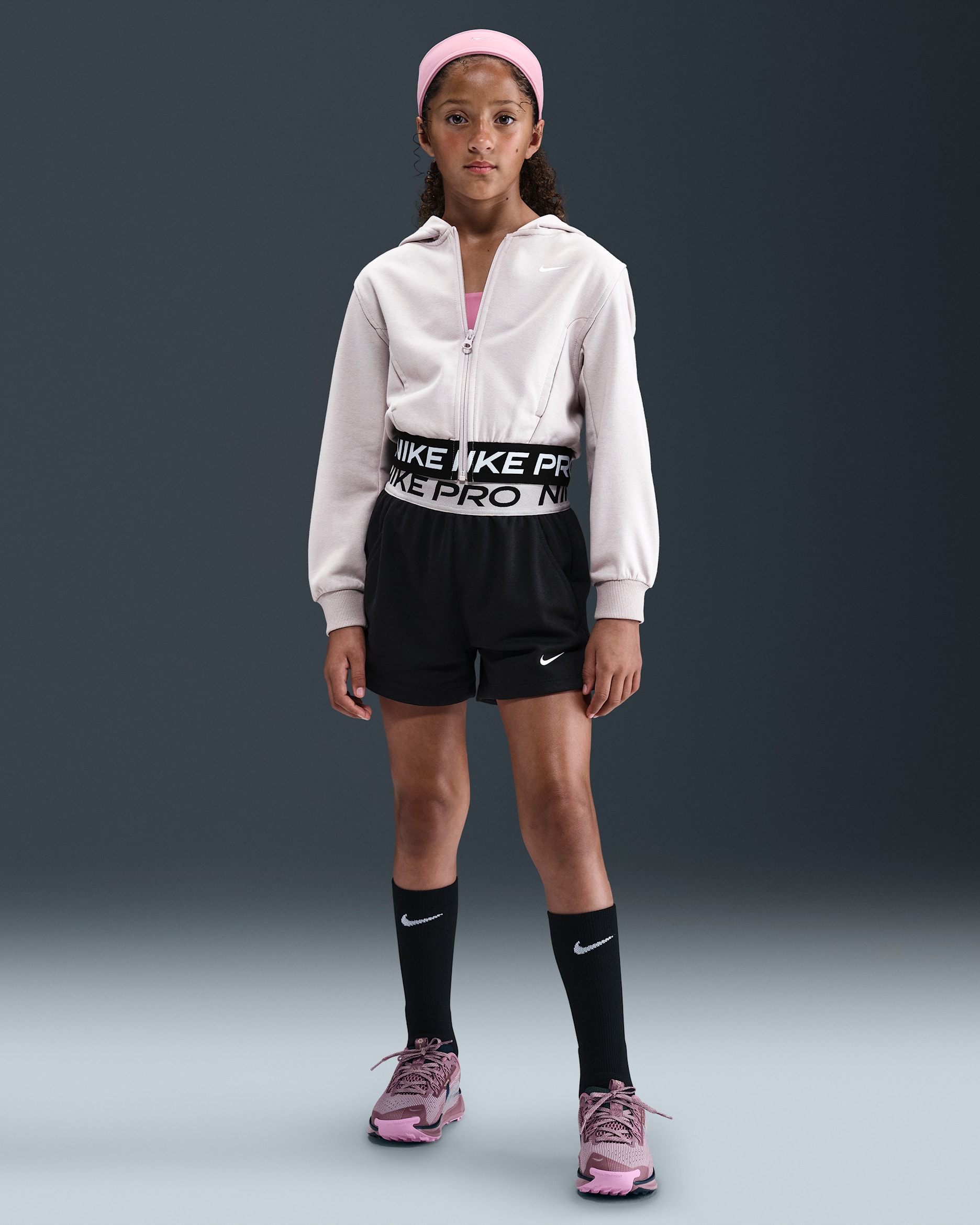 Nike Pro Fleece Big Kids' (Girls') Dri-FIT Shorts - Black/Black/Platinum Violet/White